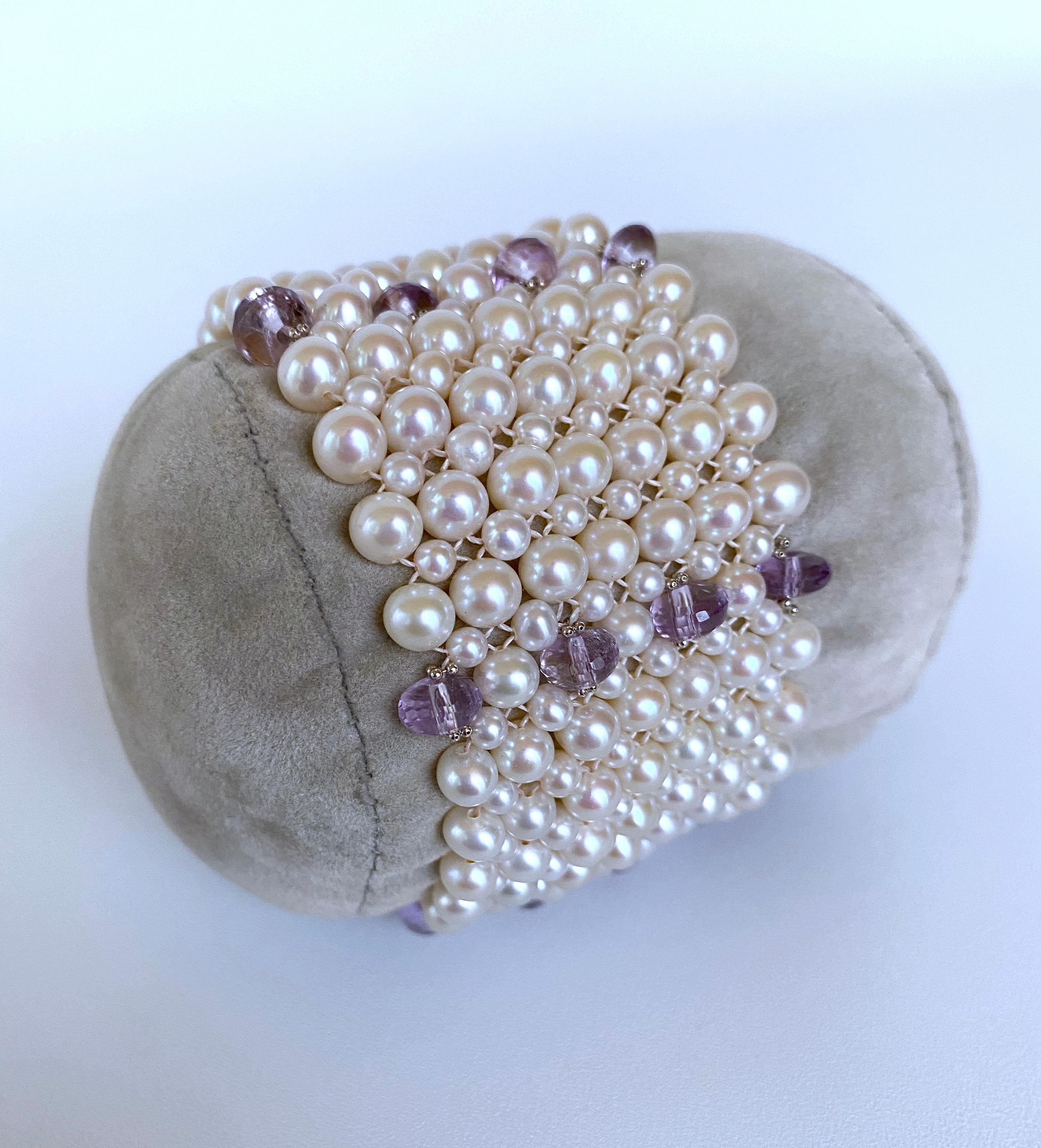 Artisan Marina J. Amethyst and Pearl Bracelet with Vintage Centerpiece Clasp and Rhodium For Sale