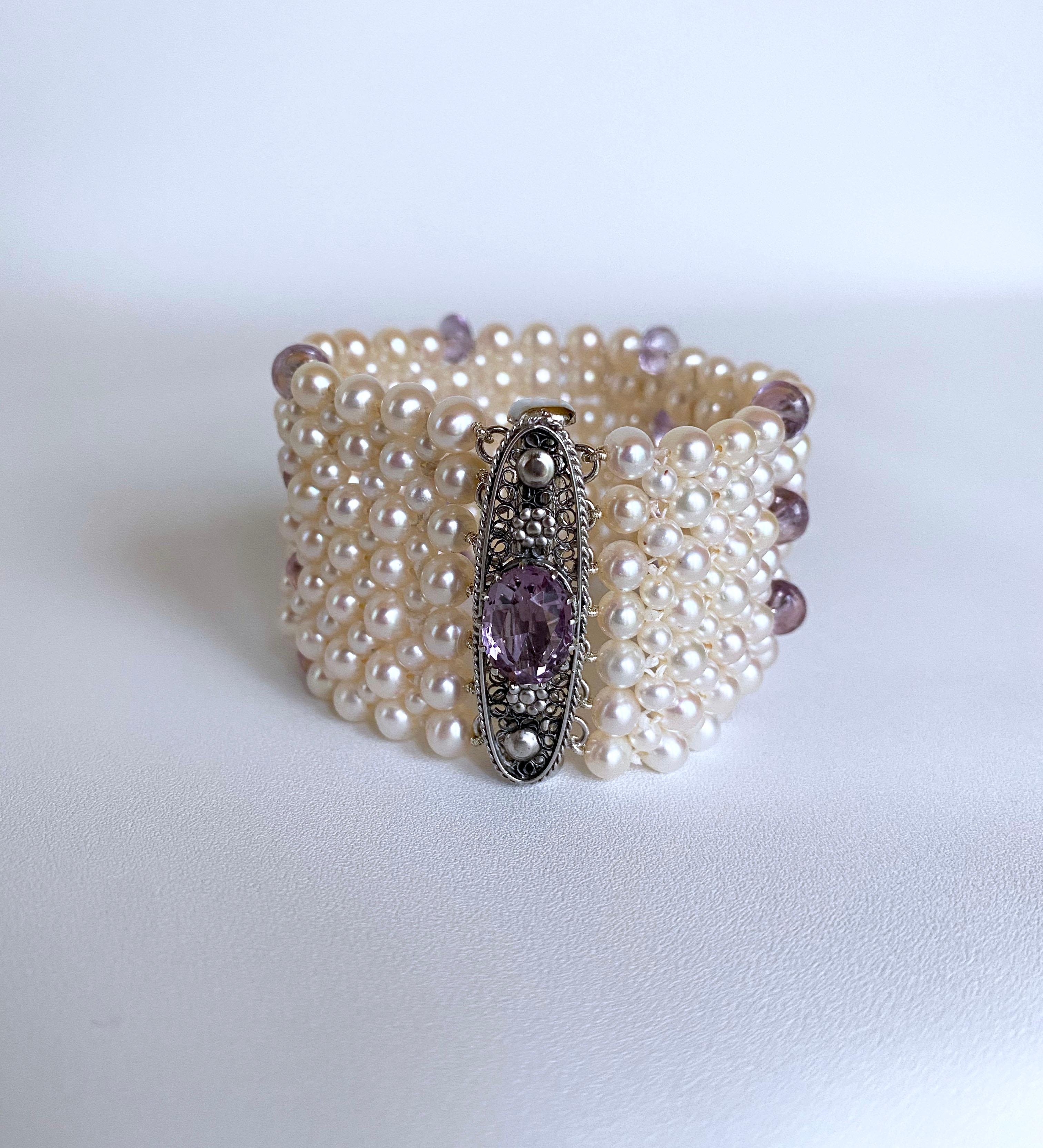 Bead Marina J. Amethyst and Pearl Bracelet with Vintage Centerpiece Clasp and Rhodium For Sale