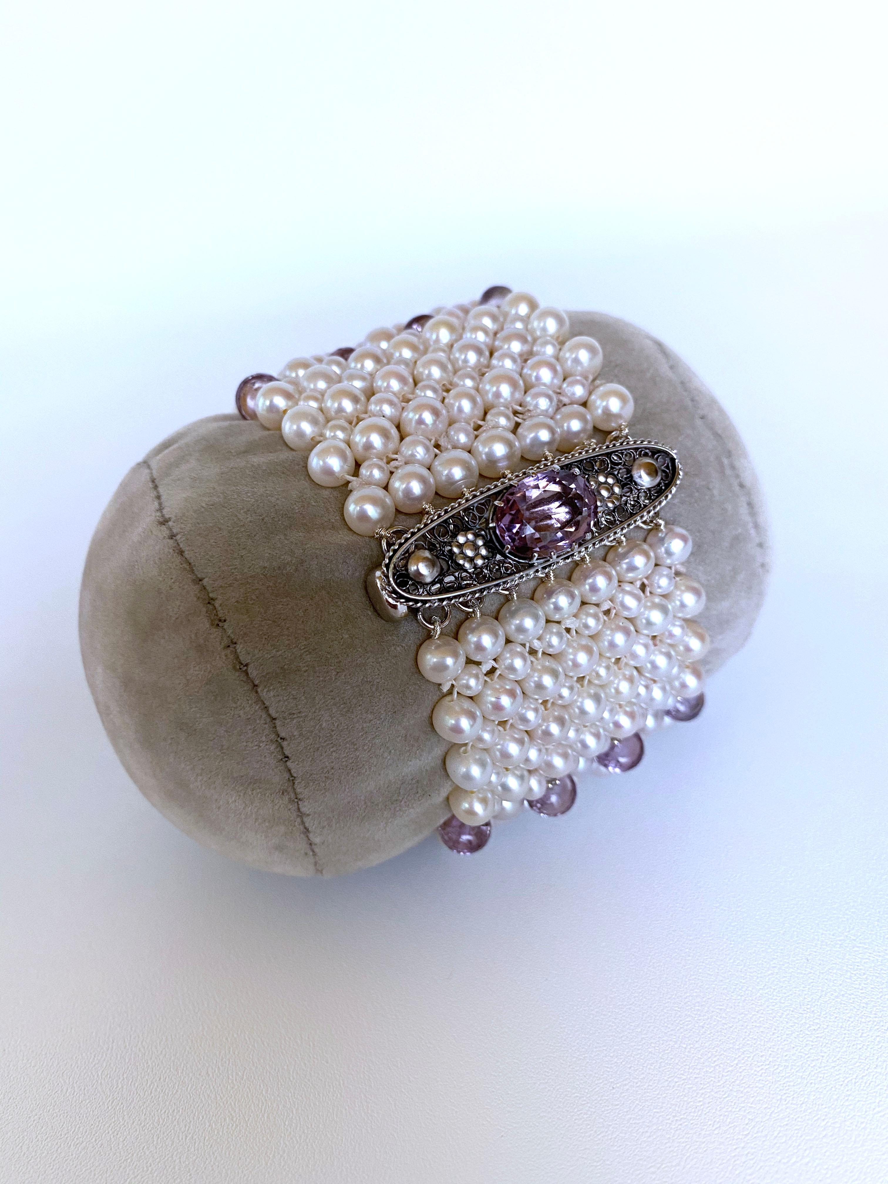 Marina J. Amethyst and Pearl Bracelet with Vintage Centerpiece Clasp and Rhodium For Sale 1