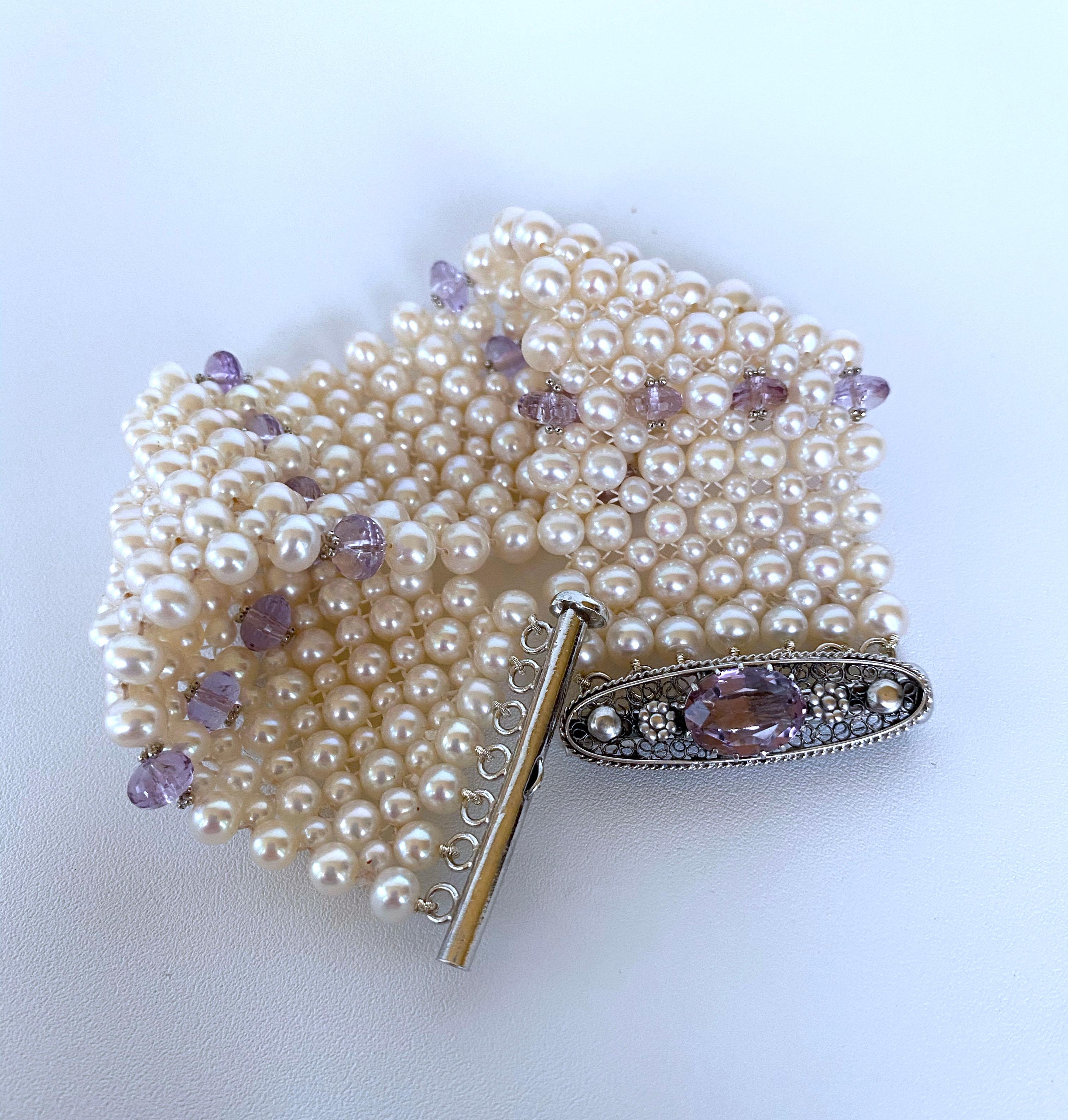 Marina J. Amethyst and Pearl Bracelet with Vintage Centerpiece Clasp and Rhodium For Sale 1