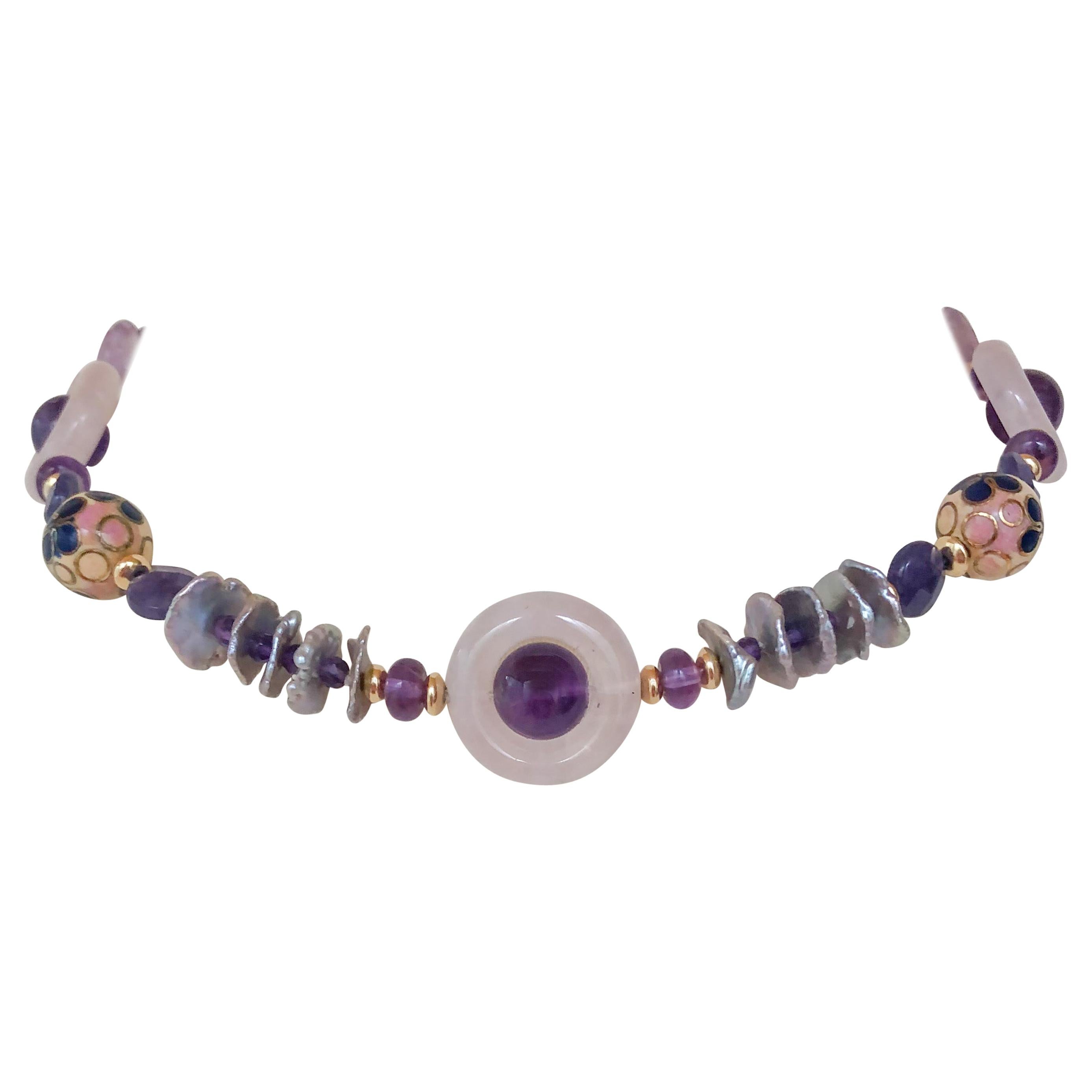 Marina J. Amethyst and Rose Quartz Necklace with Enamel Beads Pearls and Vermeil