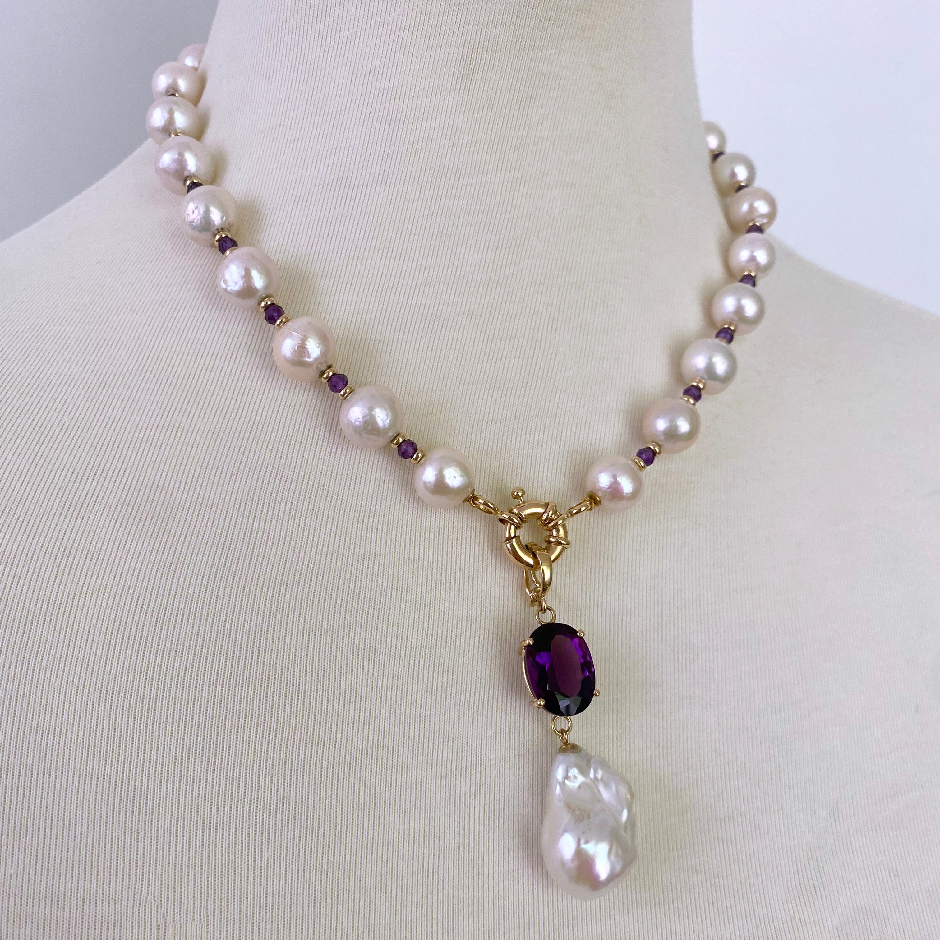 Gorgeous Amethyst and Pearl Necklace from Marina J.

This piece is made with all Baroque Pearls, Faceted Amethyst & solid 14k Yellow Findings. The Baroque Pearls in this necklace display a magnificent iridescent luster giving a multi color sheen.