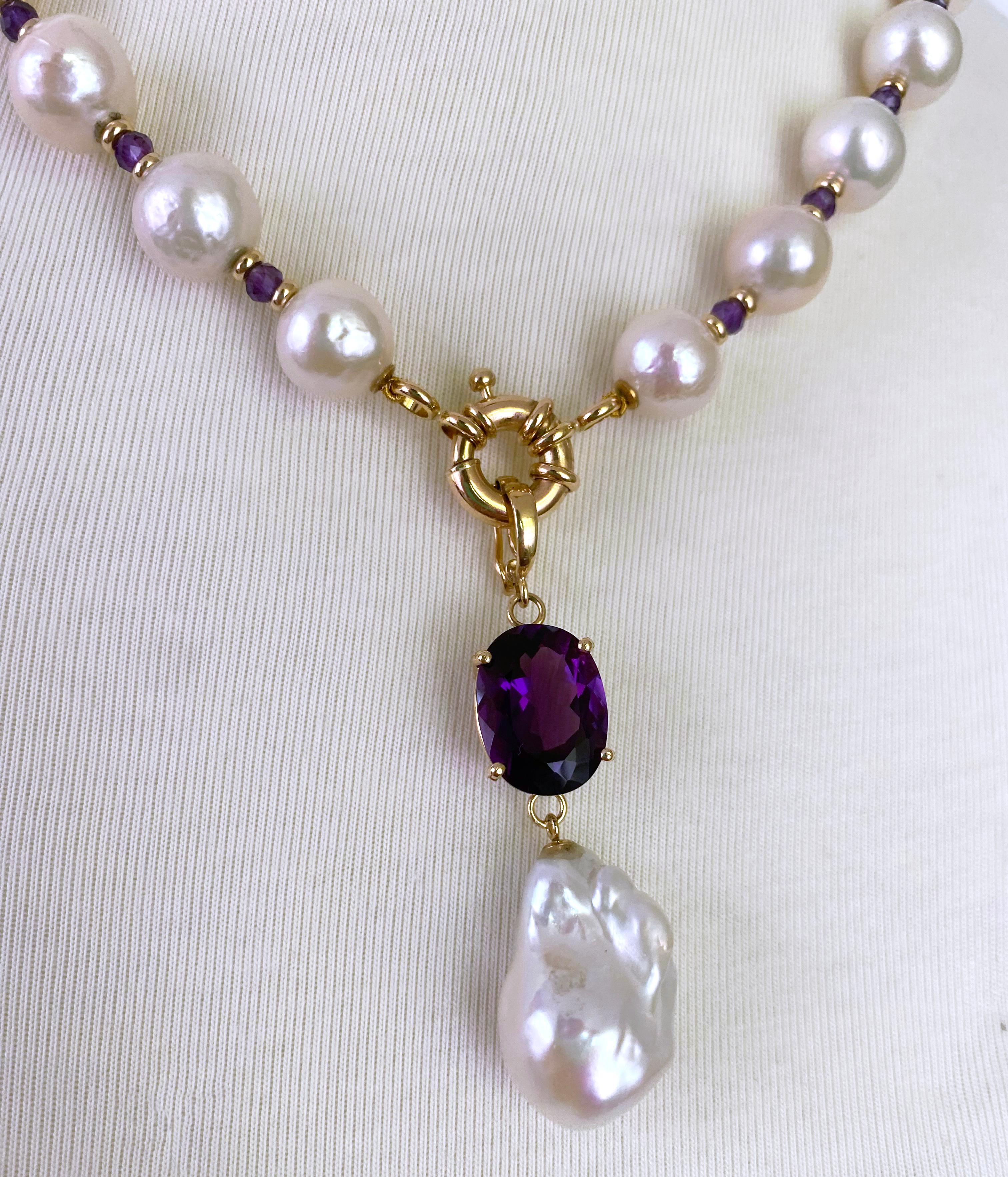 Artisan Marina J. Amethyst, Baroque Pearl & Solid 14k Yellow Gold Necklace For Sale