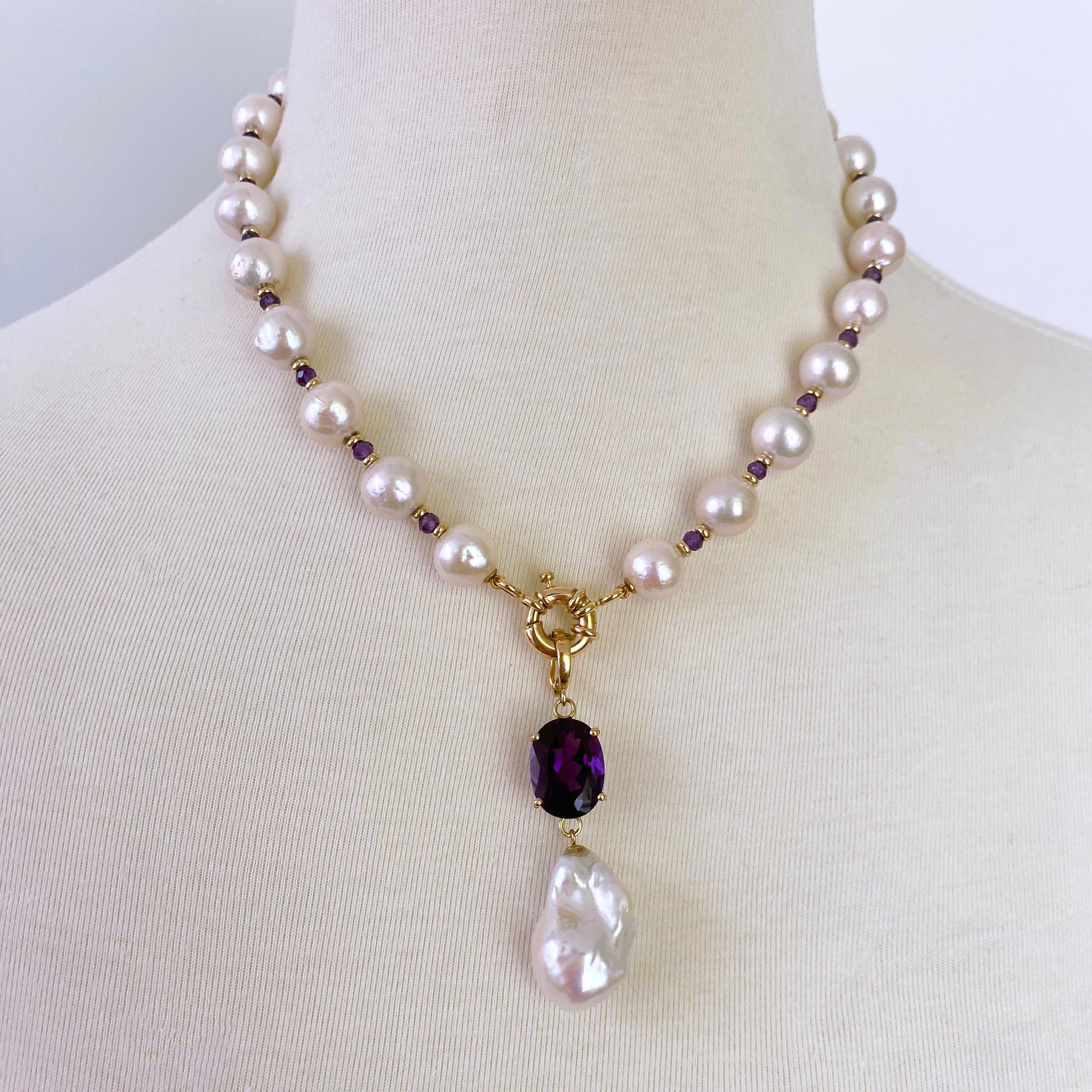 Bead Marina J. Amethyst, Baroque Pearl & Solid 14k Yellow Gold Necklace For Sale