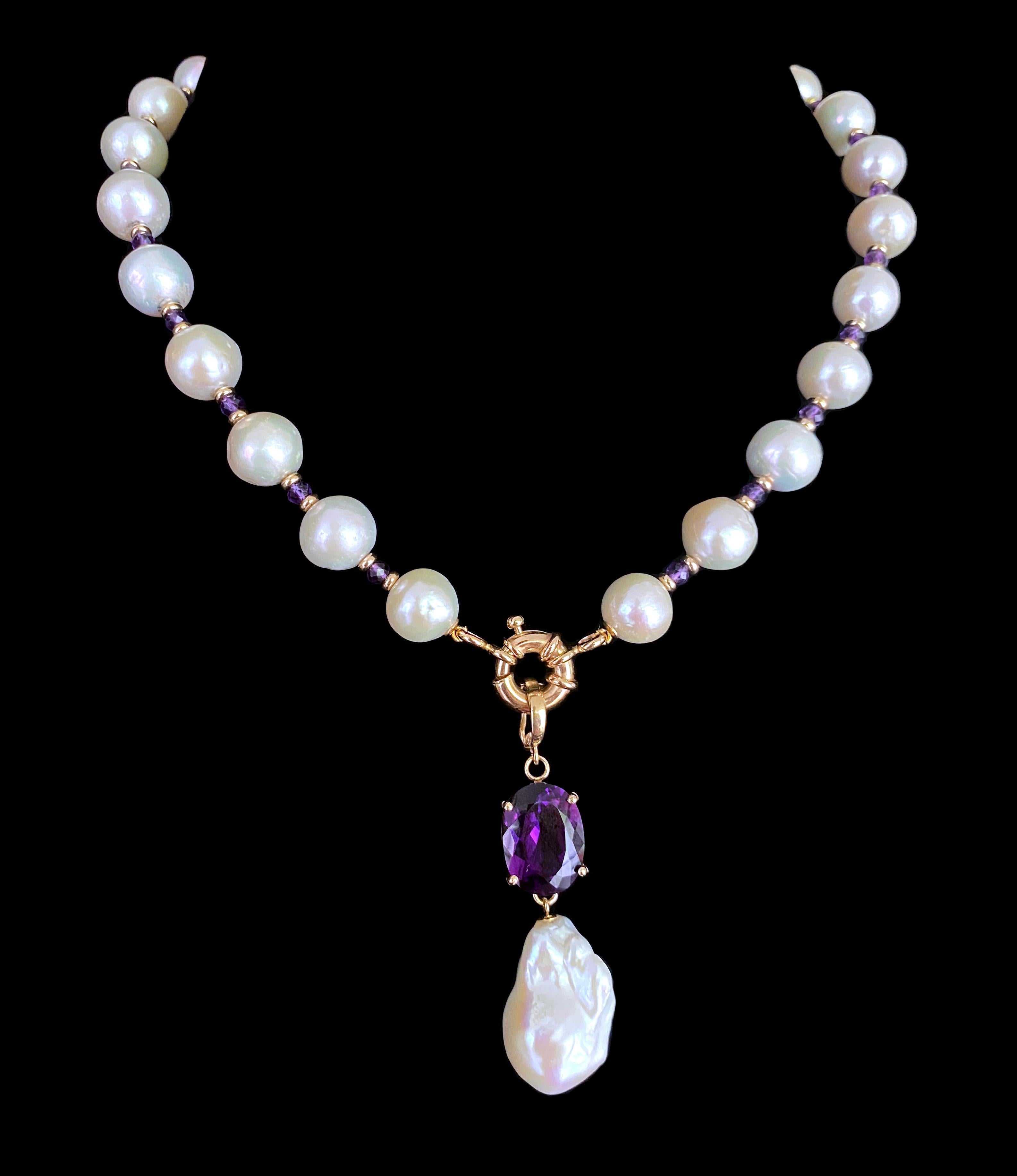 Marina J. Amethyst, Baroque Pearl & Solid 14k Yellow Gold Necklace In New Condition For Sale In Los Angeles, CA