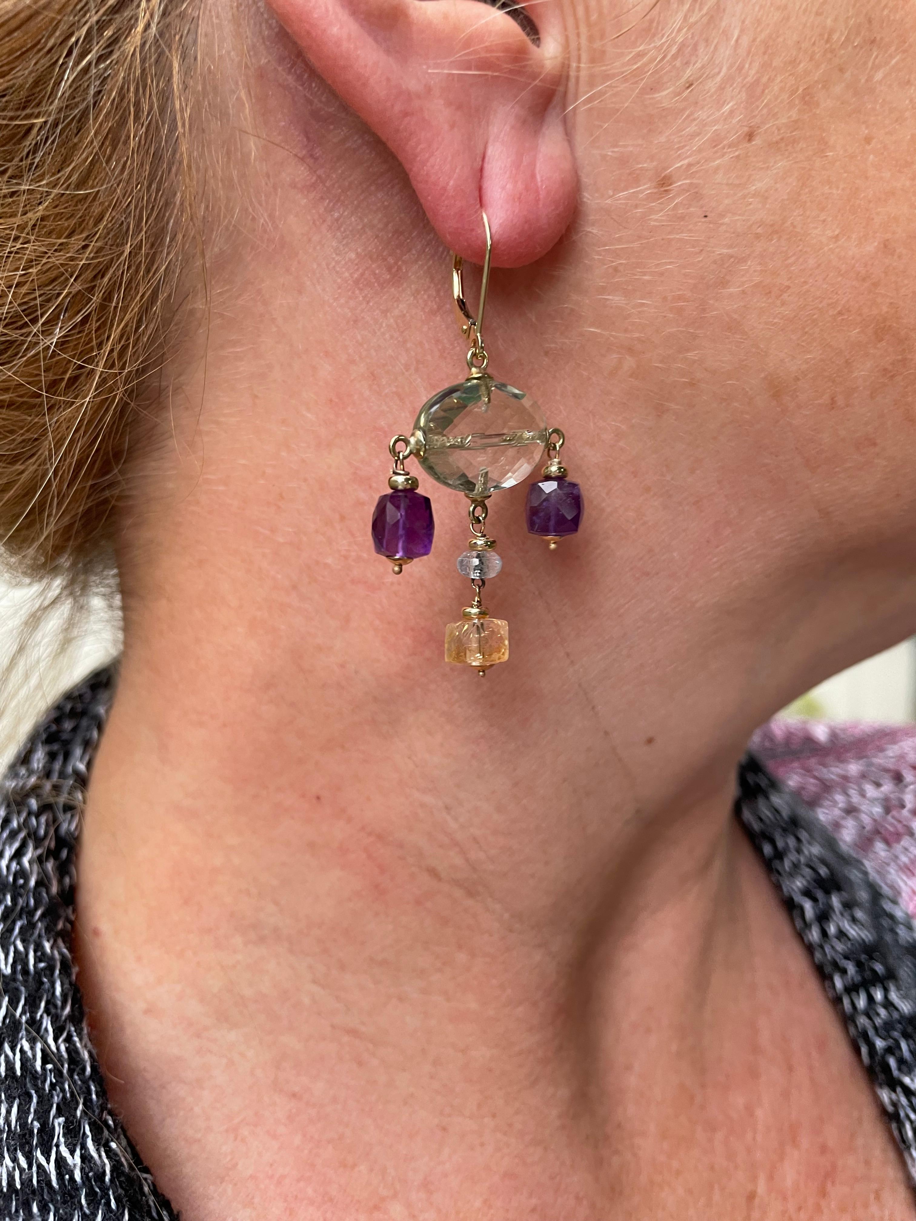 Marina J. Amethyst, Citrine and Aquamarine Chandelier Earrings, 14K Yellow Gold In New Condition For Sale In Los Angeles, CA