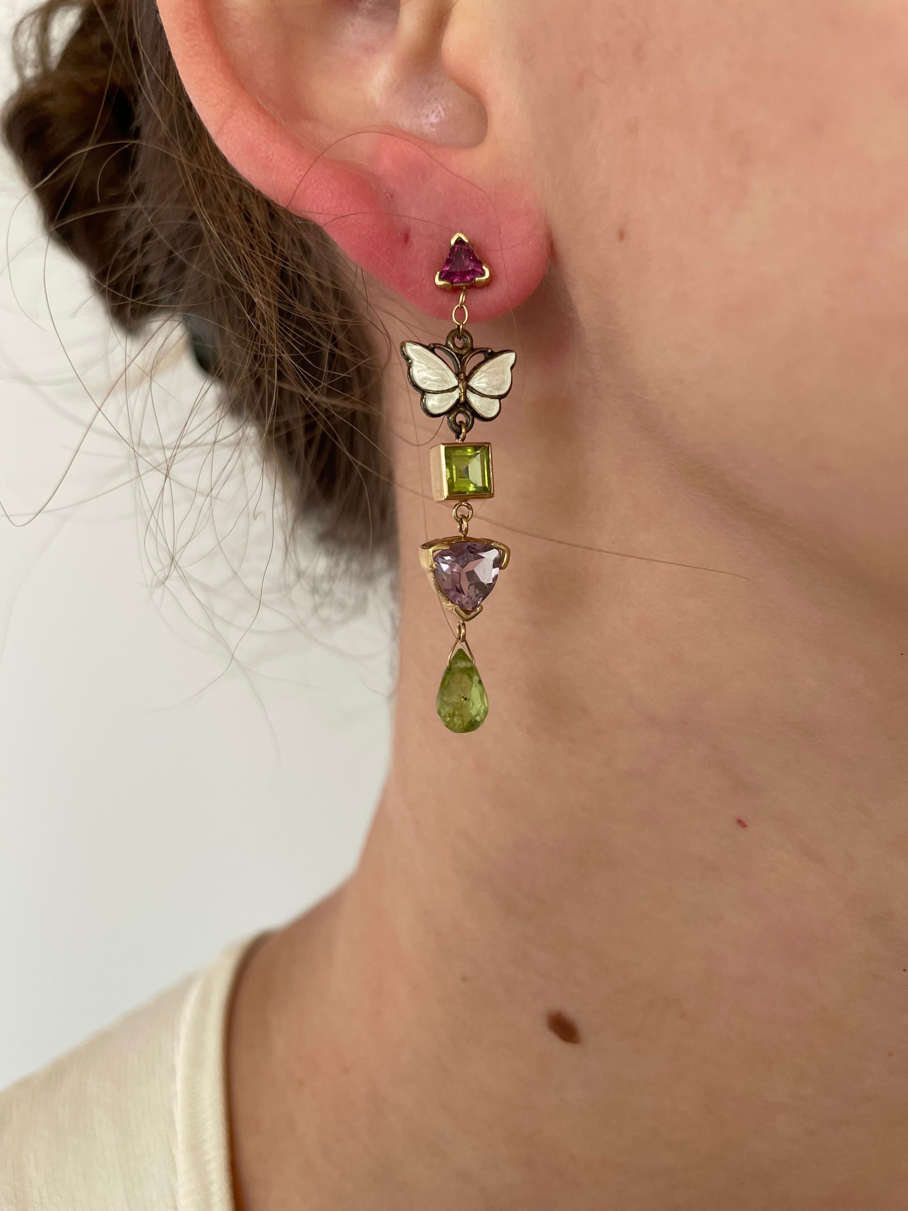 Artisan Marina J. Amethyst, Peridot and Garnet Earrings with Vintage Butterfly Enamel