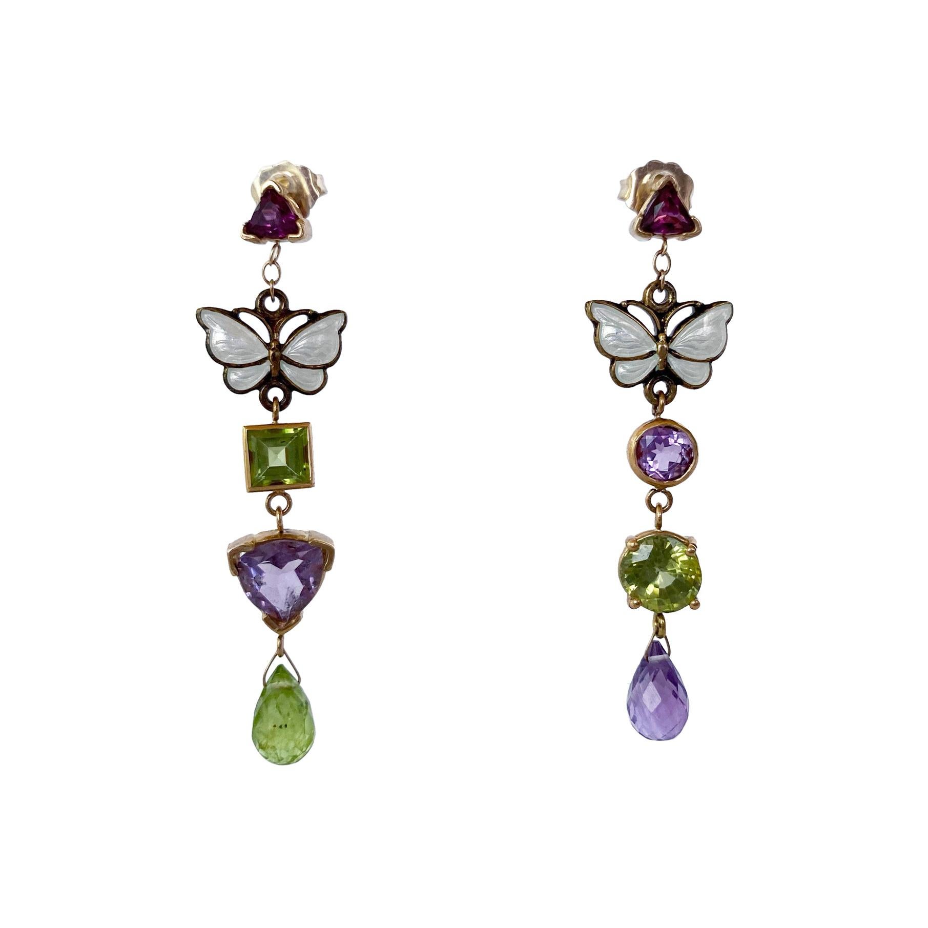 Marina J. Amethyst, Peridot and Garnet Earrings with Vintage Butterfly Enamel