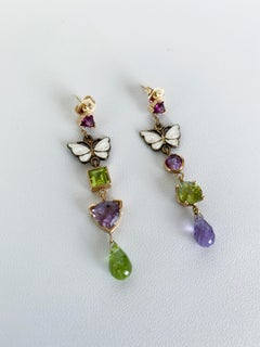 Marina J. Amethyst, Peridot and Garnet Earrings with Vintage Butterfly Enamel
