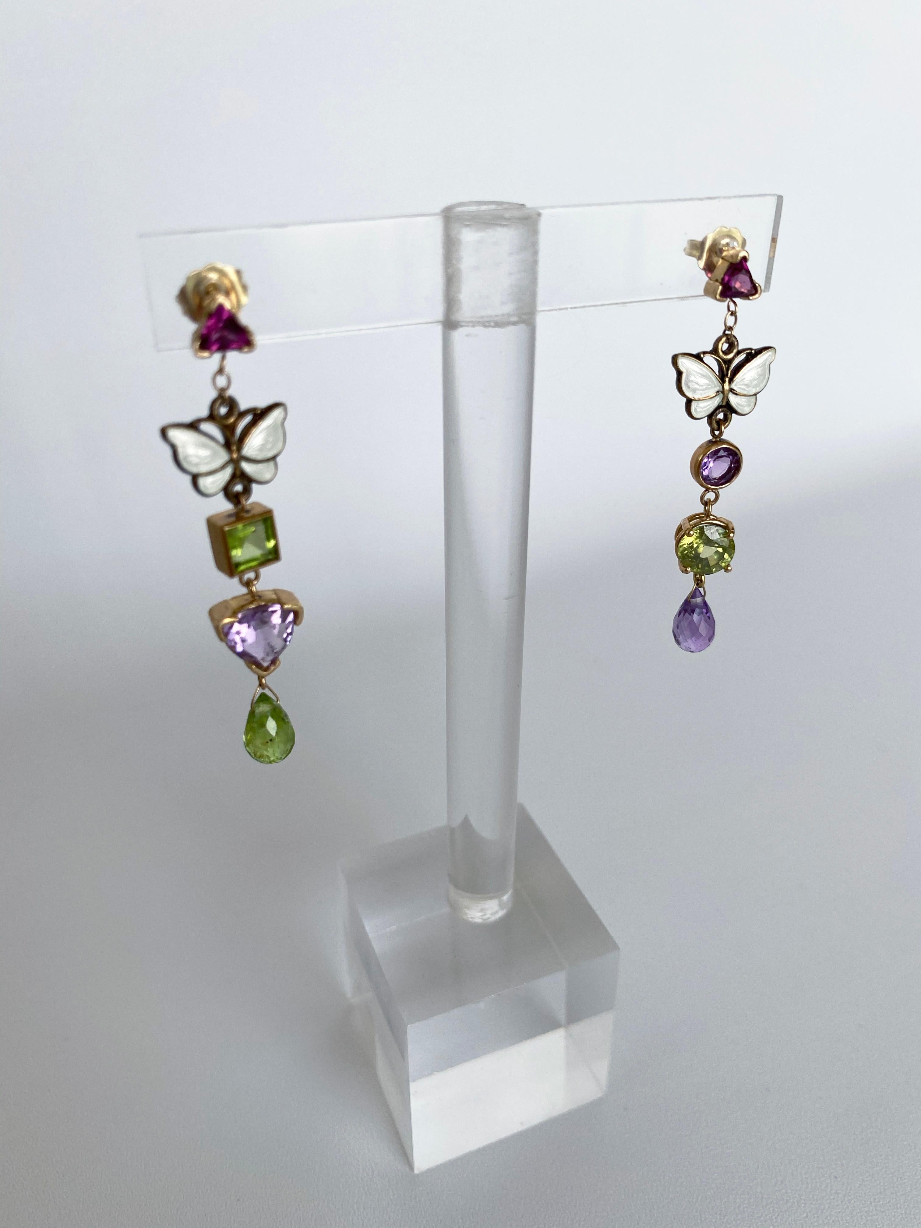 Marina J. Amethyst, Peridot and Garnet Earrings with Vintage Butterfly Enamel In New Condition In Los Angeles, CA