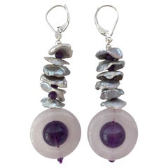 Marina J. Amethyst, Rose Quartz and Grey Pearl Earrings with 14 Karat White Gold