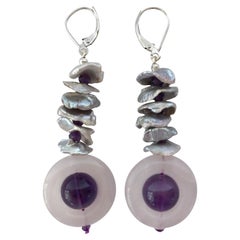 Marina J. Amethyst, Rose Quartz and Grey Pearl Earrings with 14 Karat White Gold