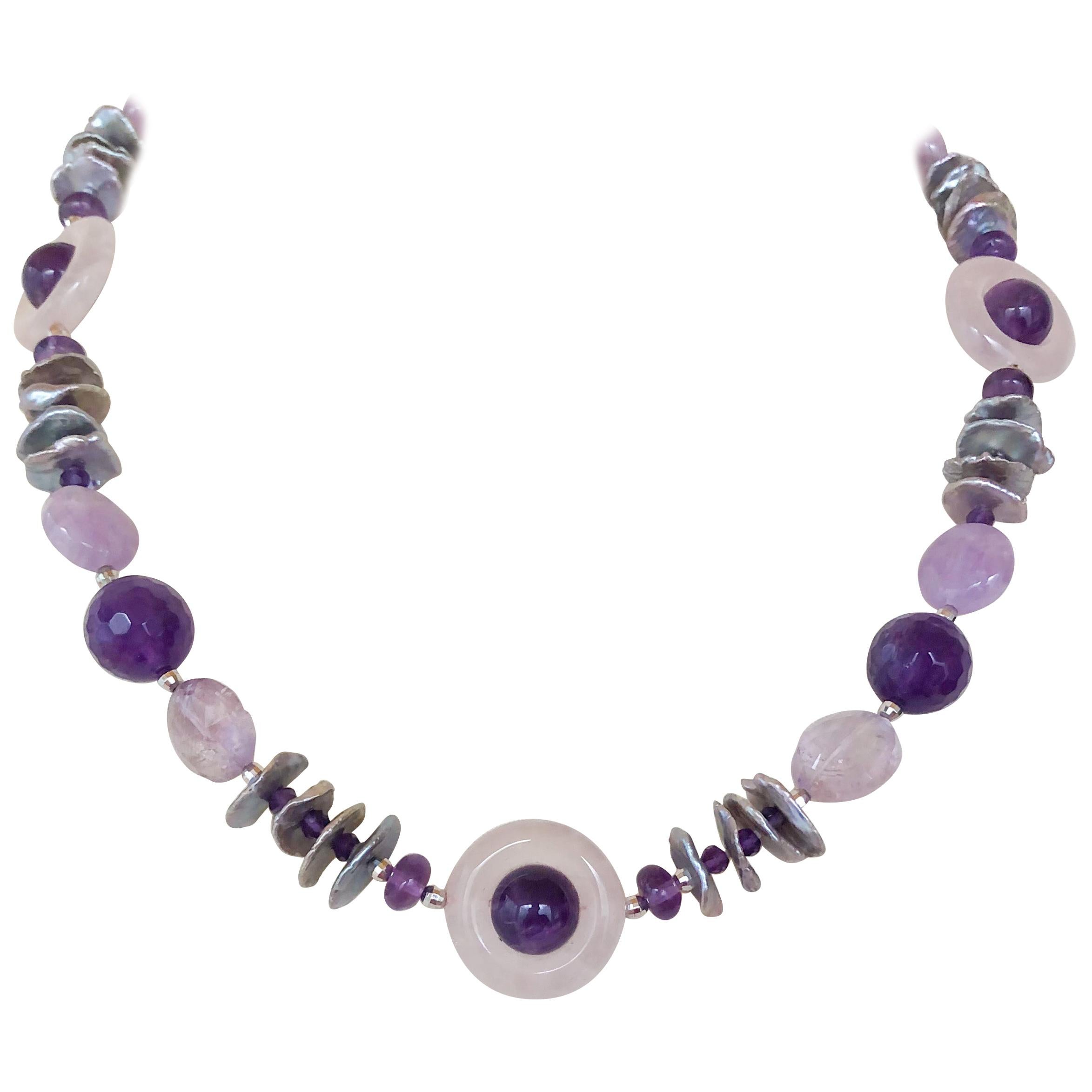 Marina J. Amethyst, Rose Quartz and Grey Pearl Necklace with Silver Clasp
