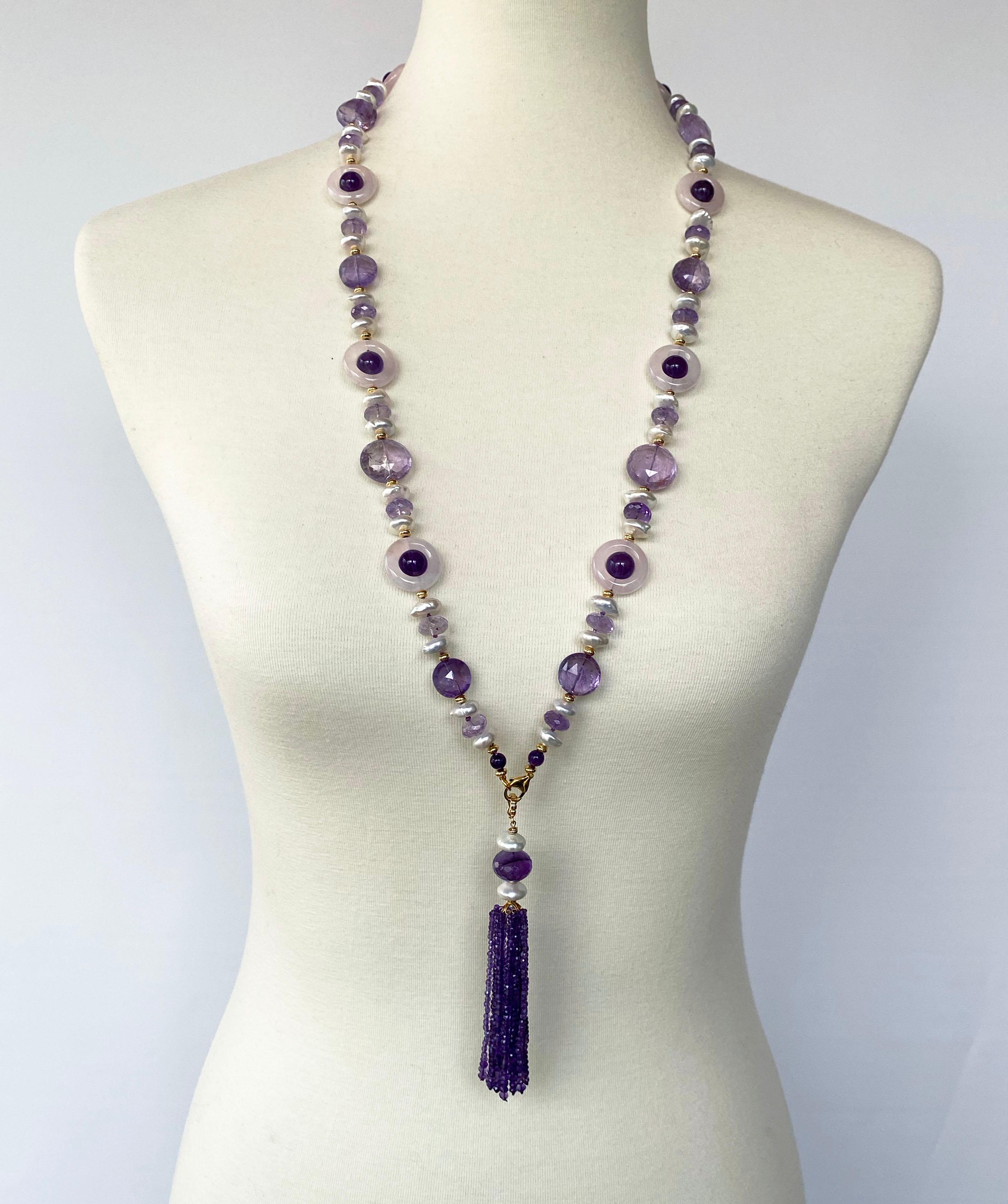 Vibrant and colorful Sautoir hand made by Marina J. This lovely multi shaped and colored jewel piece features  stunning two tone Amethyst, Rose Quartz and very high luster white Pearls that display a wild iridescent sheen, all perfectly accented by