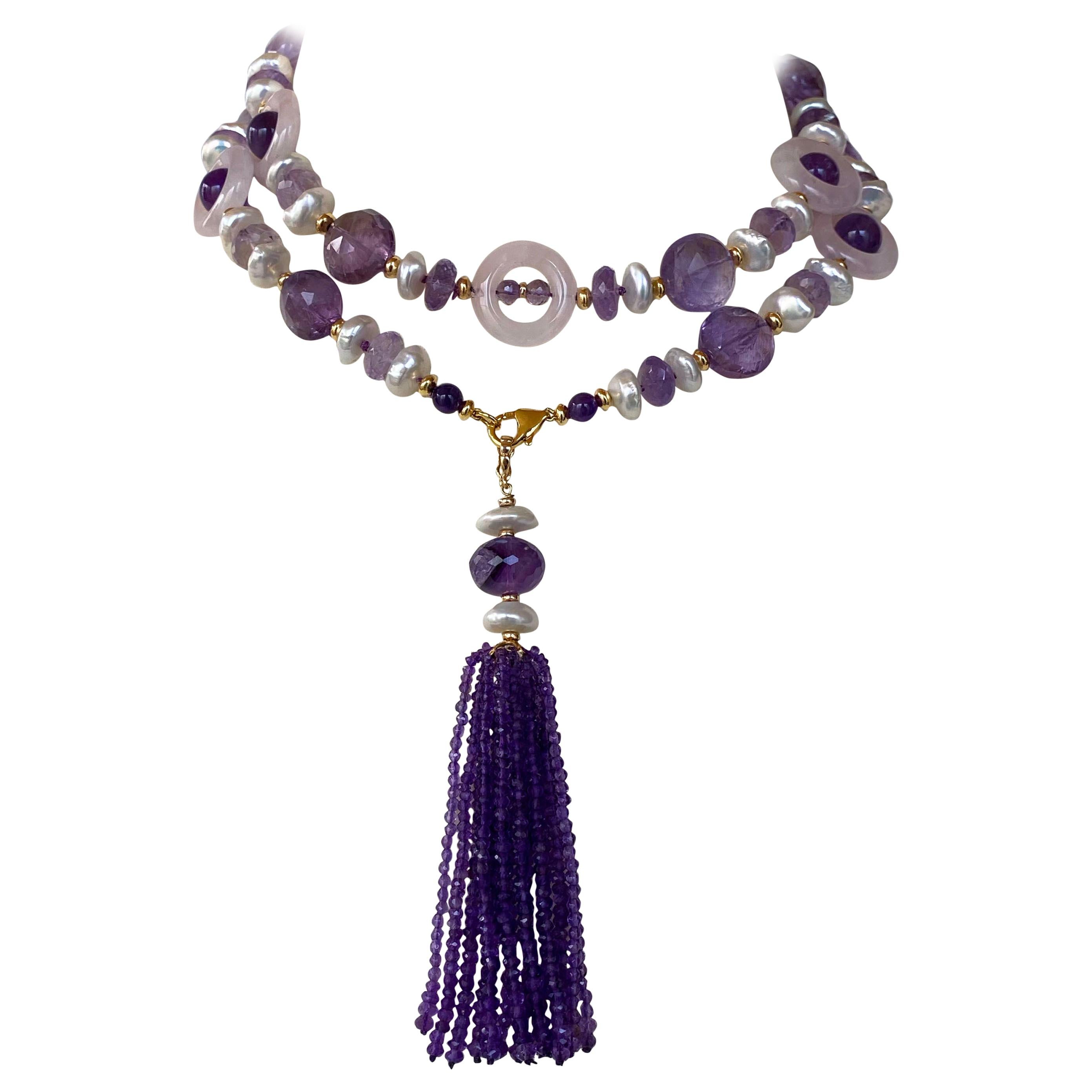 Marina J. Amethyst, Rose Quartz & Pearl Sautoir with Tassel