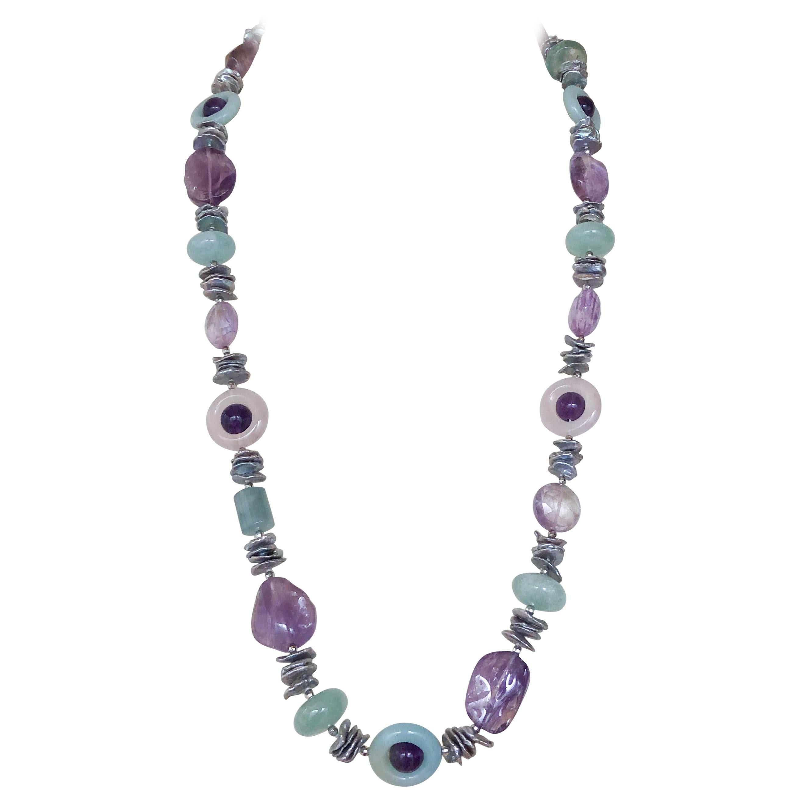 Marina J Amethyst, Rose Quartz, Grey Pearl & Aquamarine Infinity Necklace For Sale