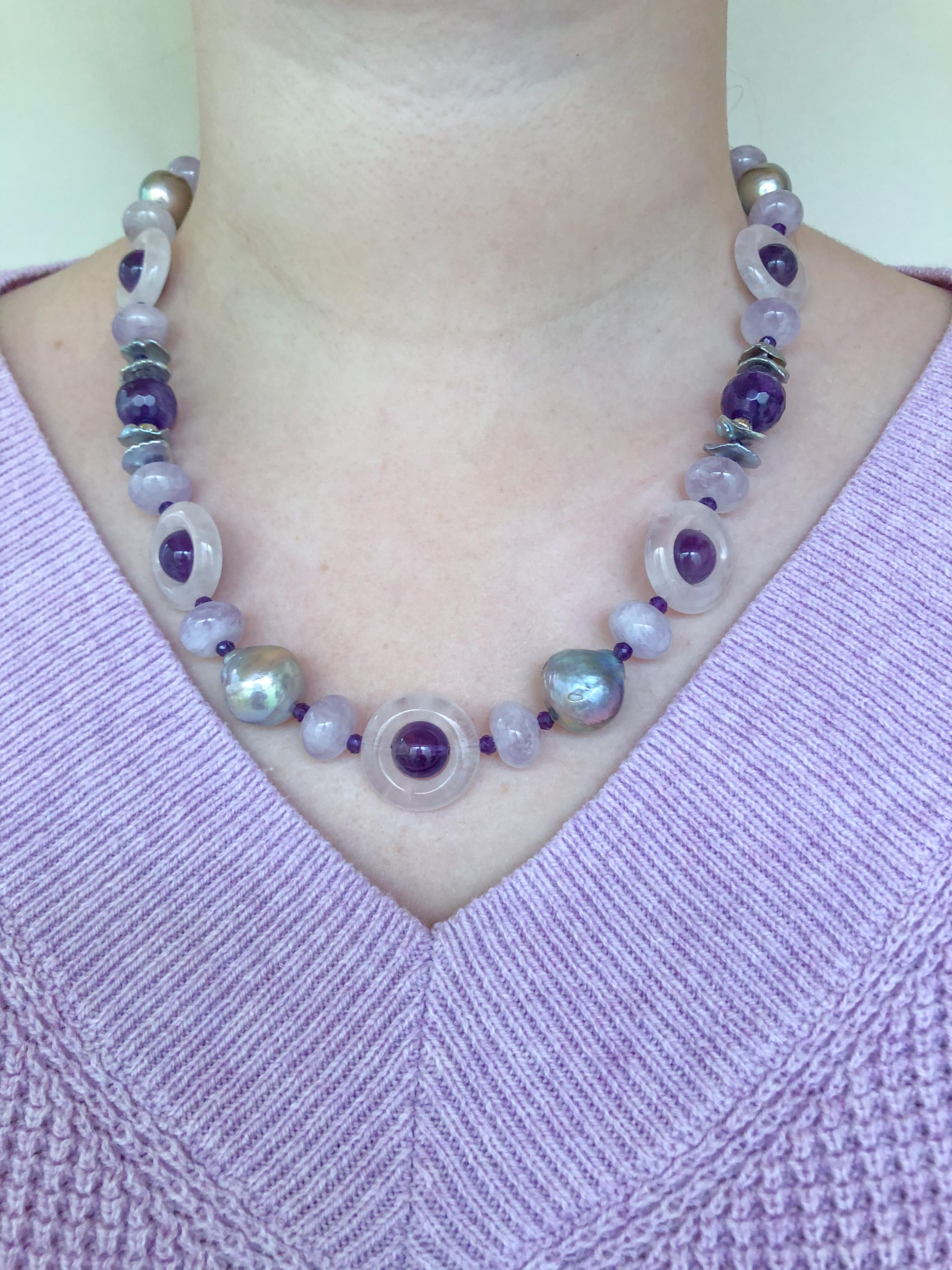 Artisan Marina J. Amethyst, Rose Quartz & Grey Pearl Necklace with Rhodium Silver Clasp For Sale