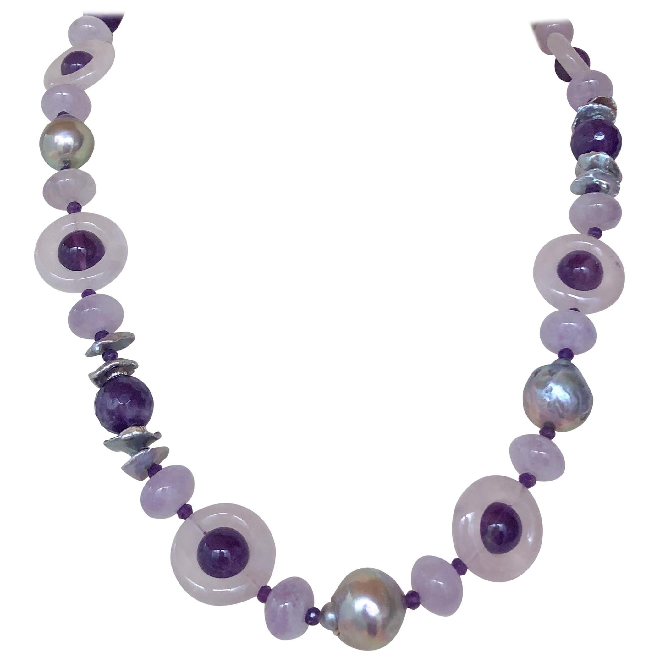 Marina J. Amethyst, Rose Quartz & Grey Pearl Necklace with Rhodium Silver Clasp For Sale