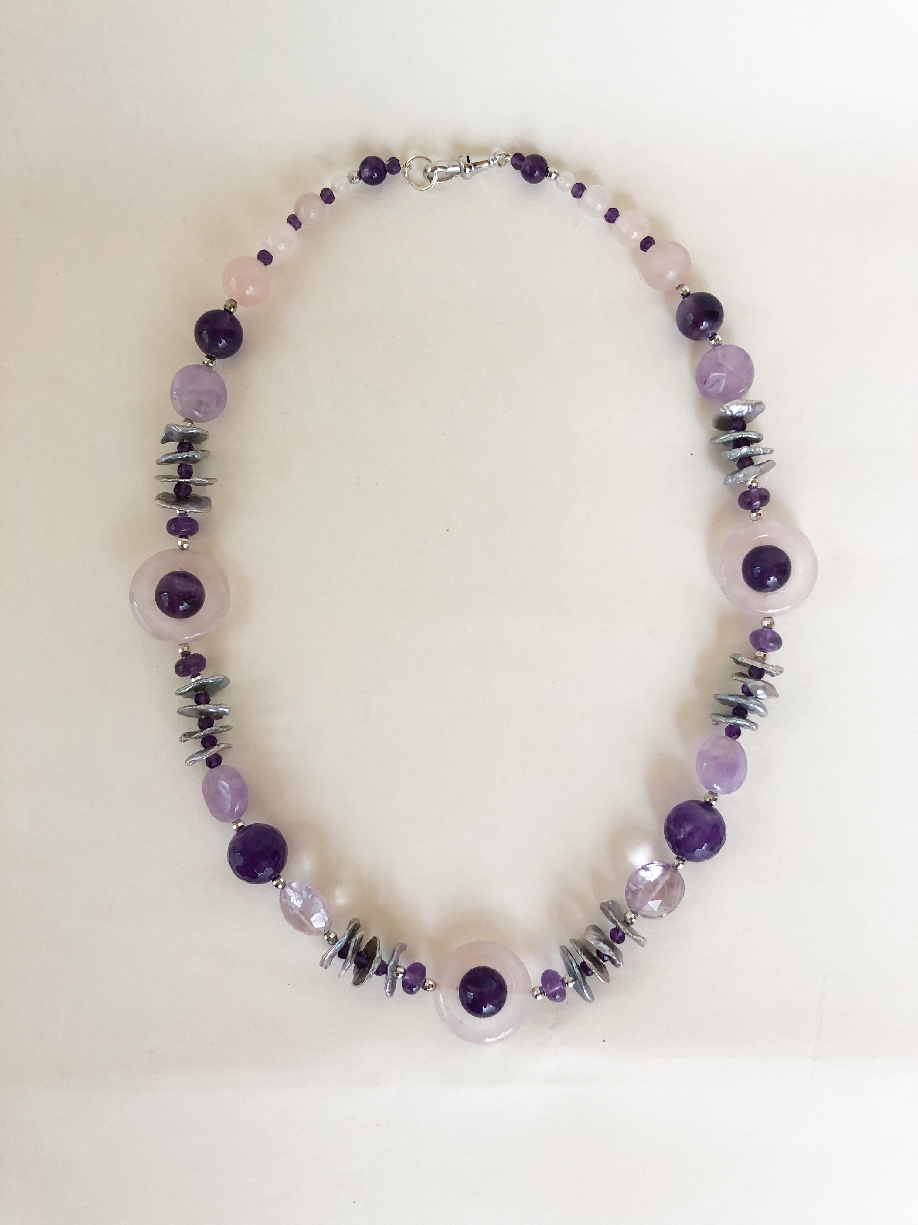 Artisan Marina J. Amethyst, Rose Quartz and Grey Pearl Necklace with Silver Clasp