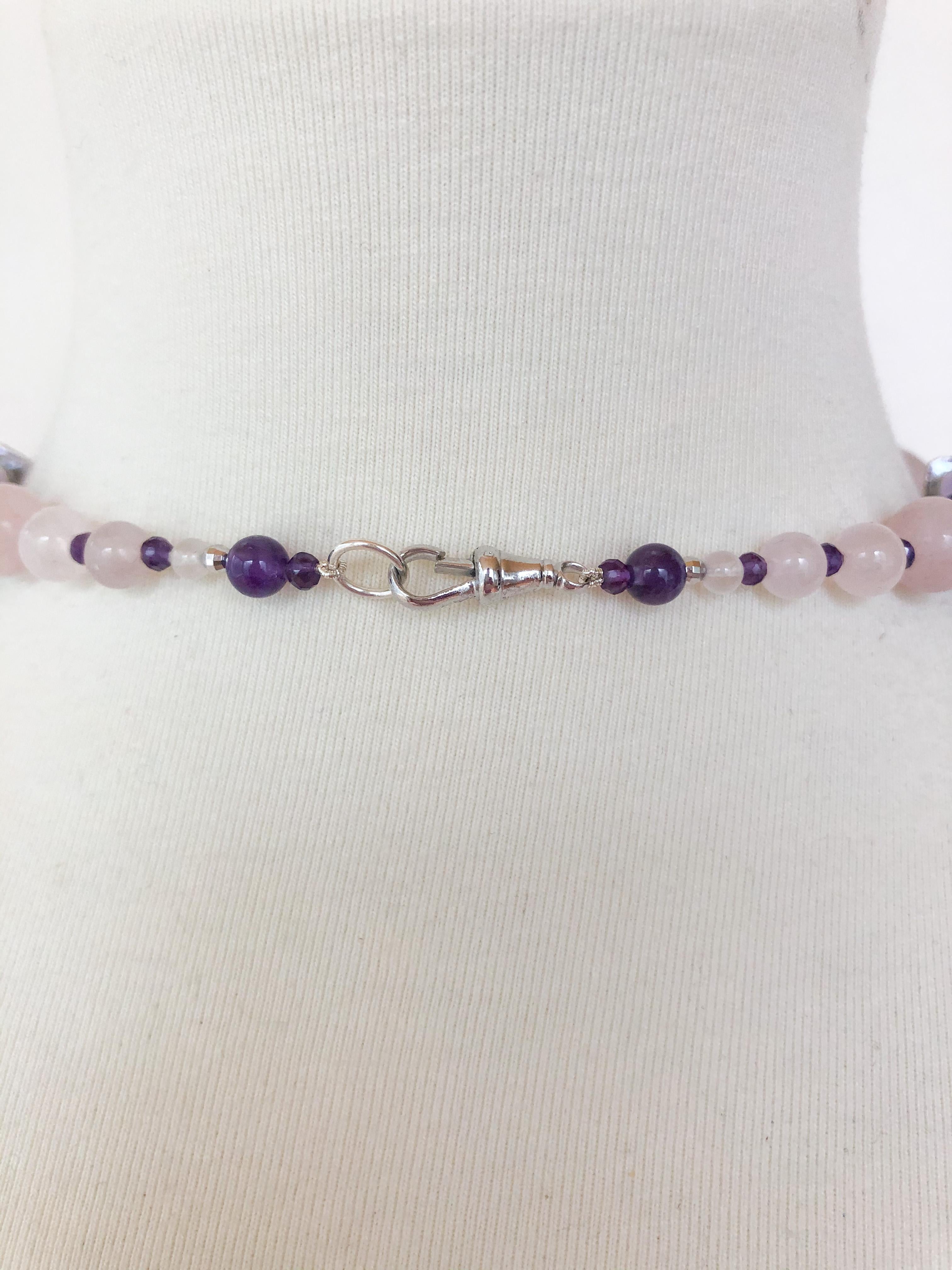 Brilliant Cut Marina J. Amethyst, Rose Quartz and Grey Pearl Necklace with Silver Clasp