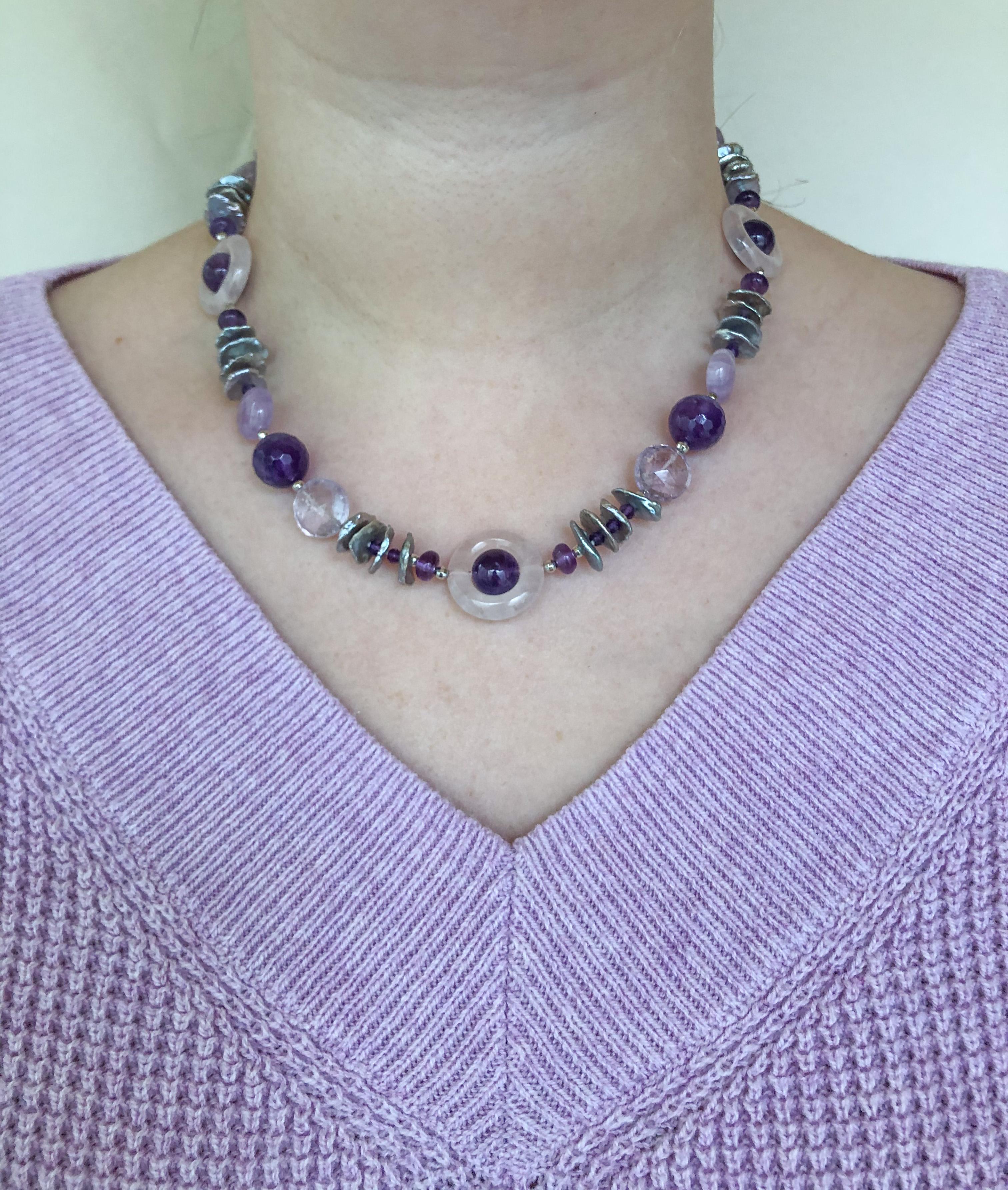 Marina J. Amethyst, Rose Quartz and Grey Pearl Necklace with Silver Clasp In New Condition In Los Angeles, CA
