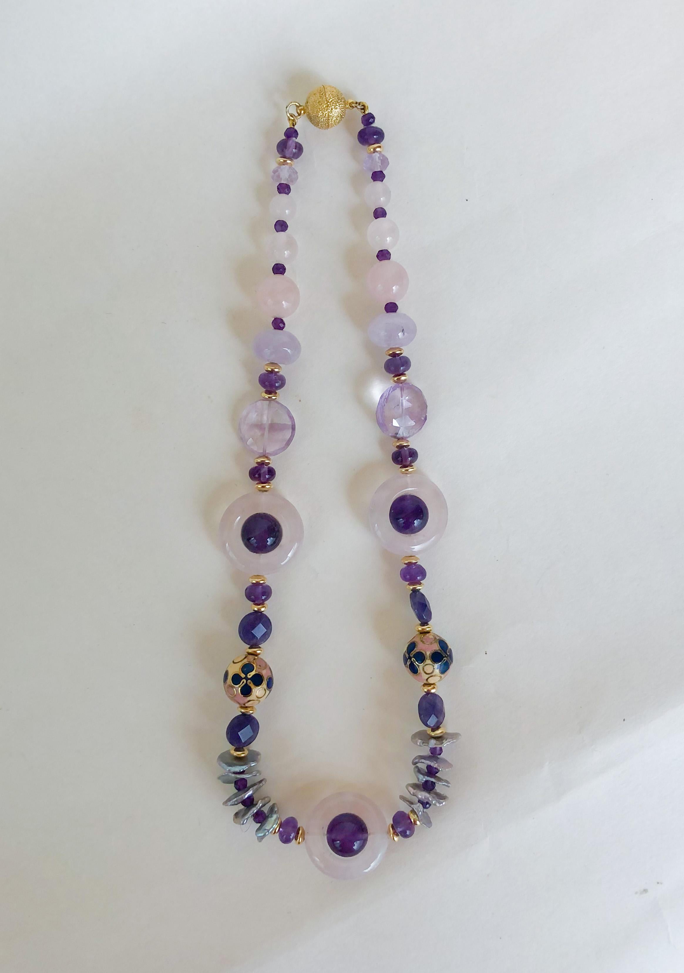 Brilliant Cut Marina J. Amethyst and Rose Quartz Necklace with Enamel Beads Pearls and Vermeil