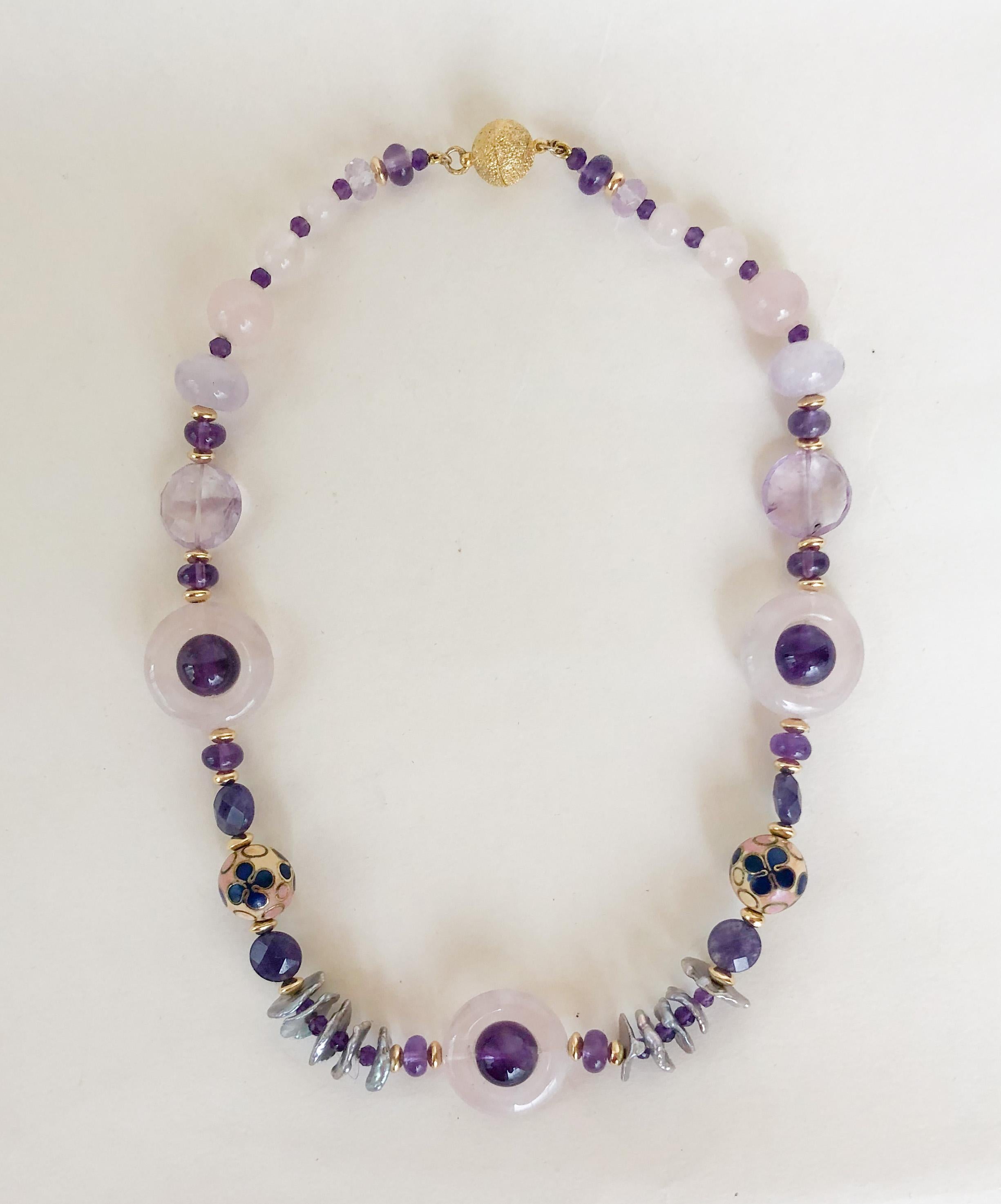 Marina J. Amethyst and Rose Quartz Necklace with Enamel Beads Pearls and Vermeil In New Condition In Los Angeles, CA