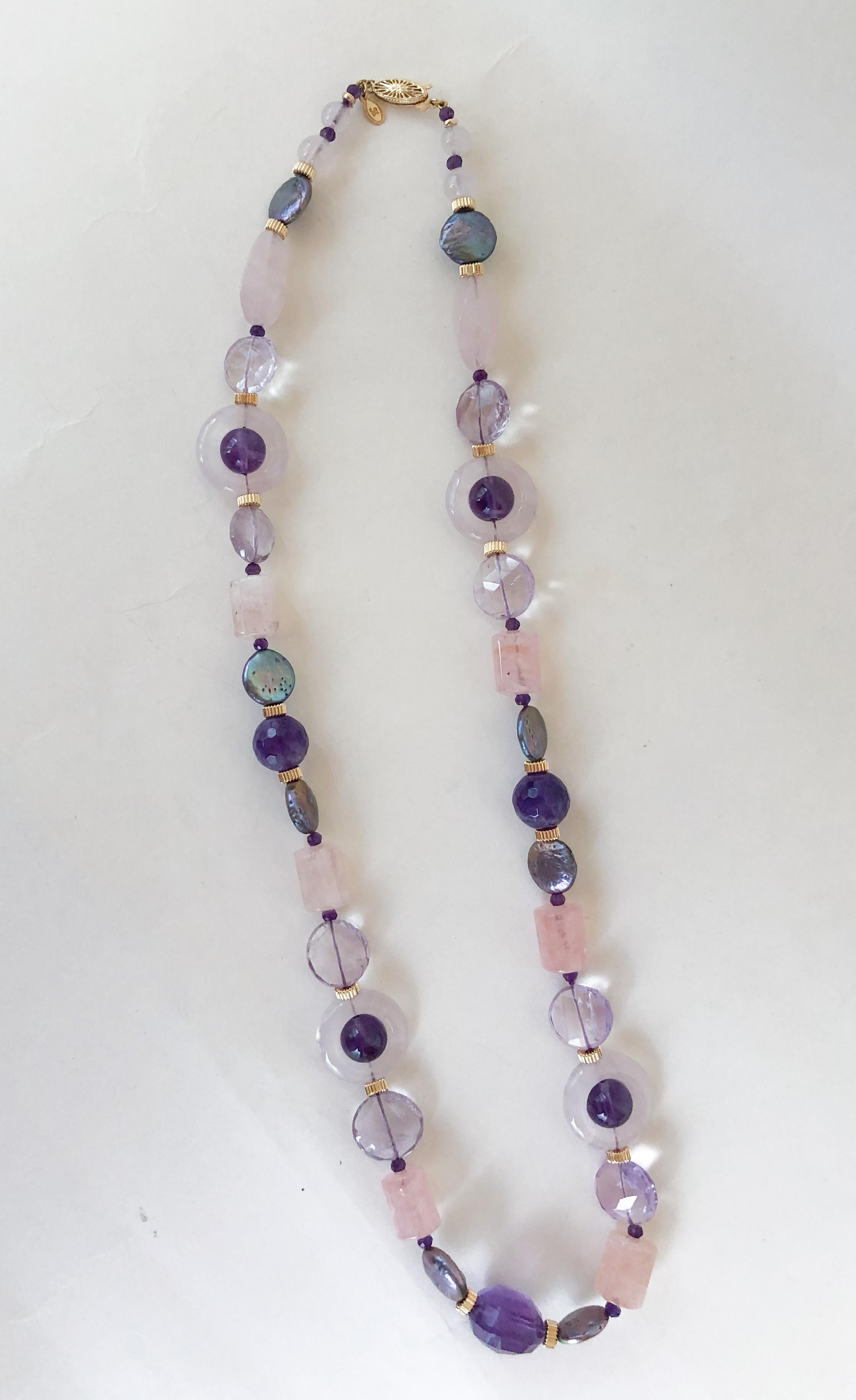 Artisan Marina J. Amethyst, Rose Quartz, Pink Aquamarine & Pearl Necklace with 14k Gold For Sale