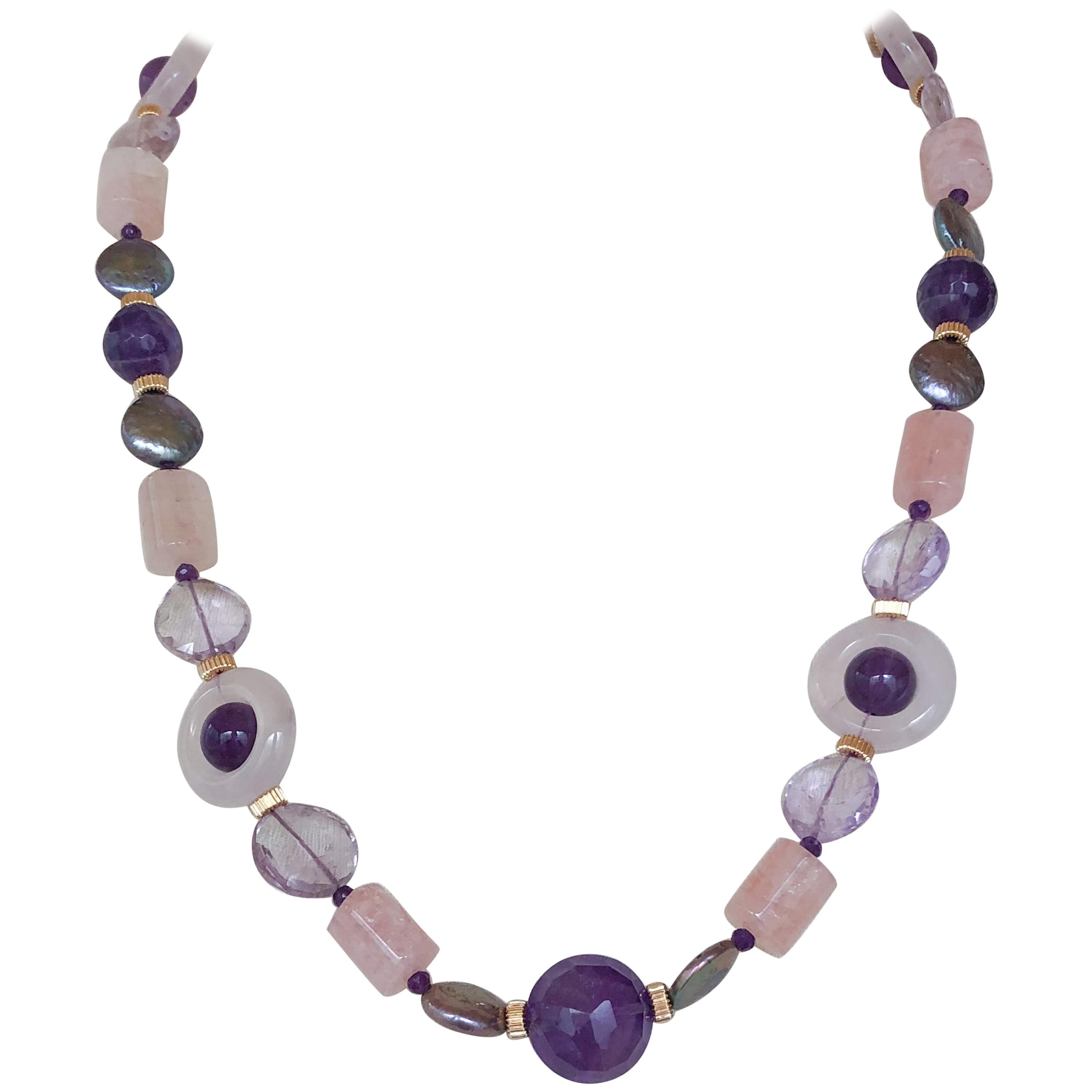 Marina J. Amethyst, Rose Quartz, Pink Aquamarine & Pearl Necklace with 14k Gold For Sale