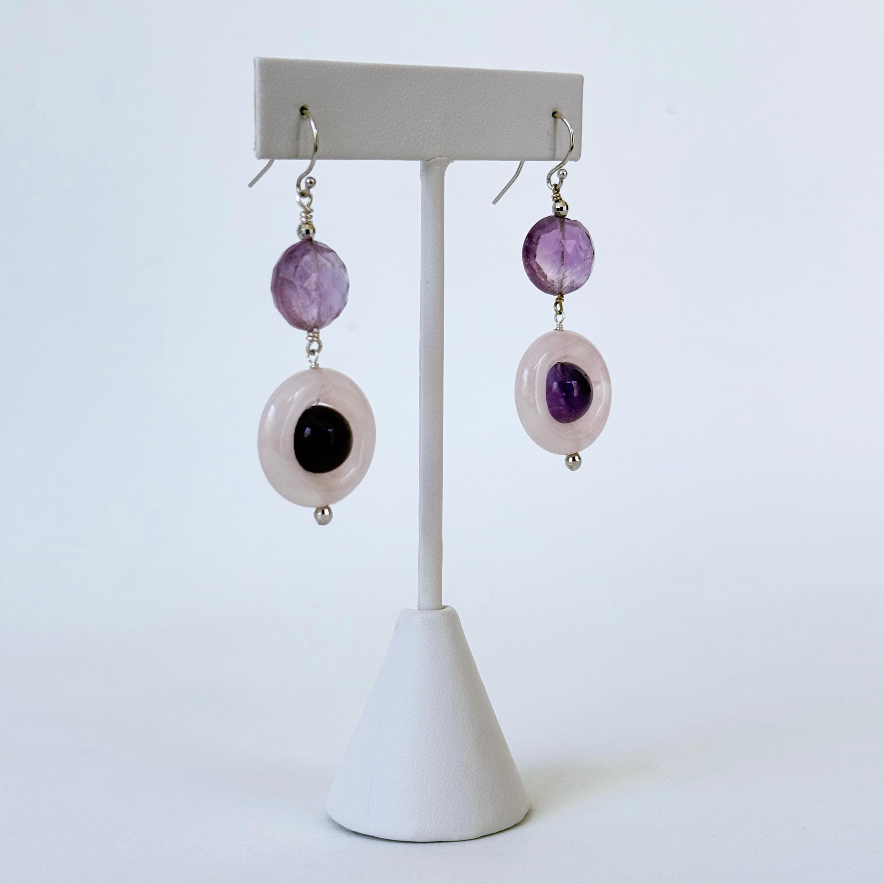 Boucles d'oreilles en améthyste, quartz rose et or blanc massif 14k de Marina J. Neuf - En vente à Los Angeles, CA