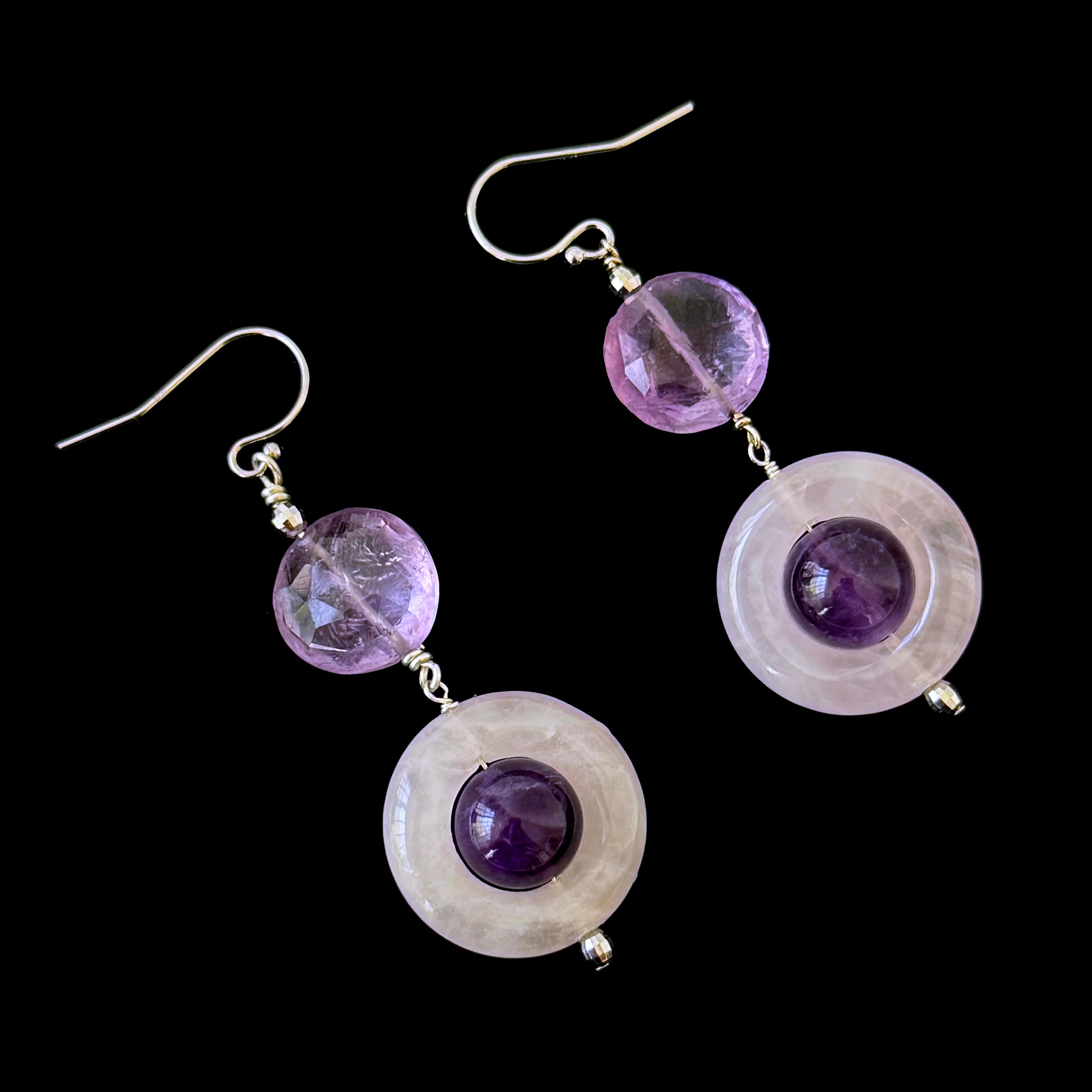 Boucles d'oreilles en améthyste, quartz rose et or blanc massif 14k de Marina J. en vente 1