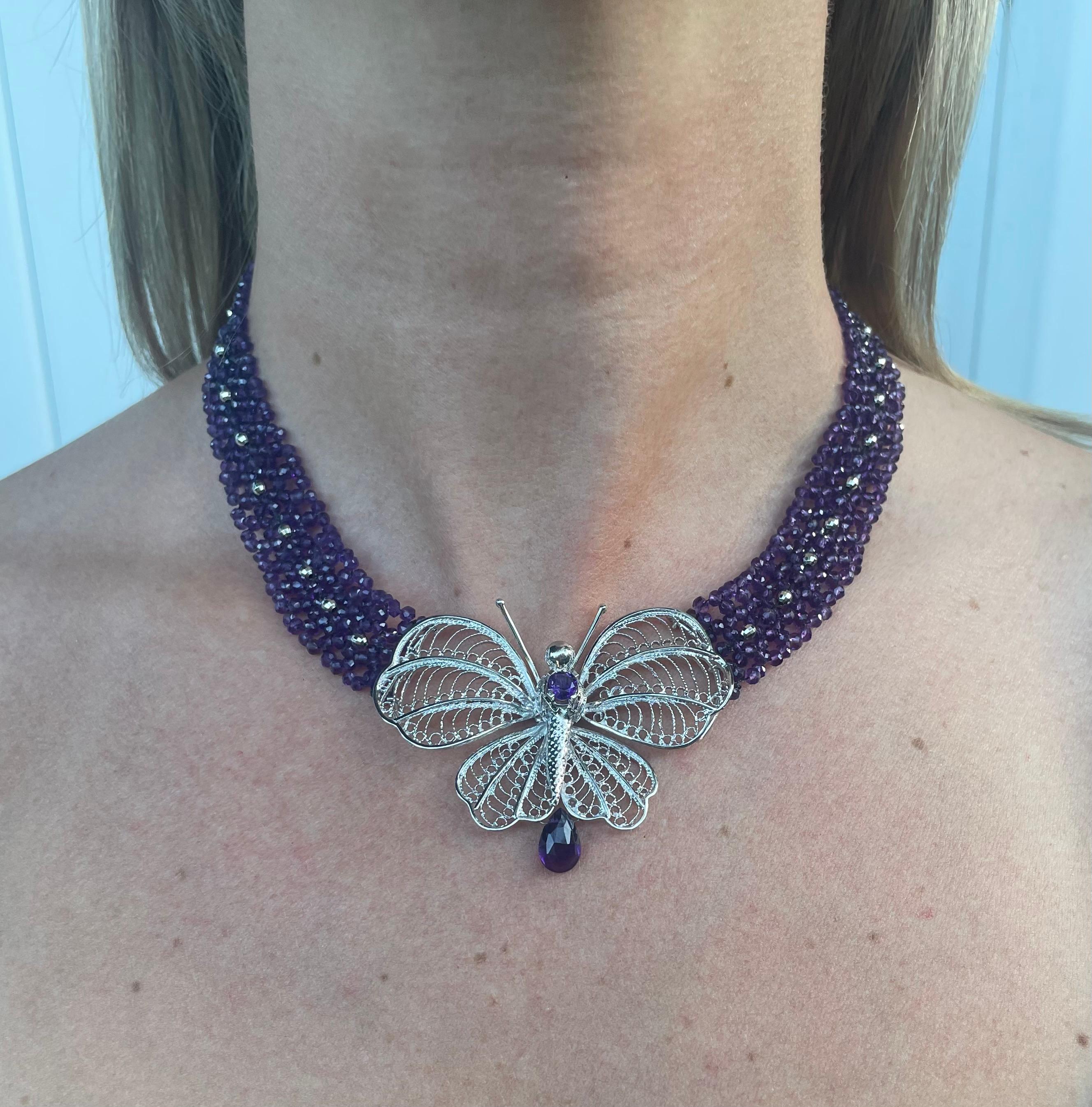 Marina J Amethyst  woven necklace with vintage silver butterfly, beads & clasp In New Condition For Sale In Los Angeles, CA