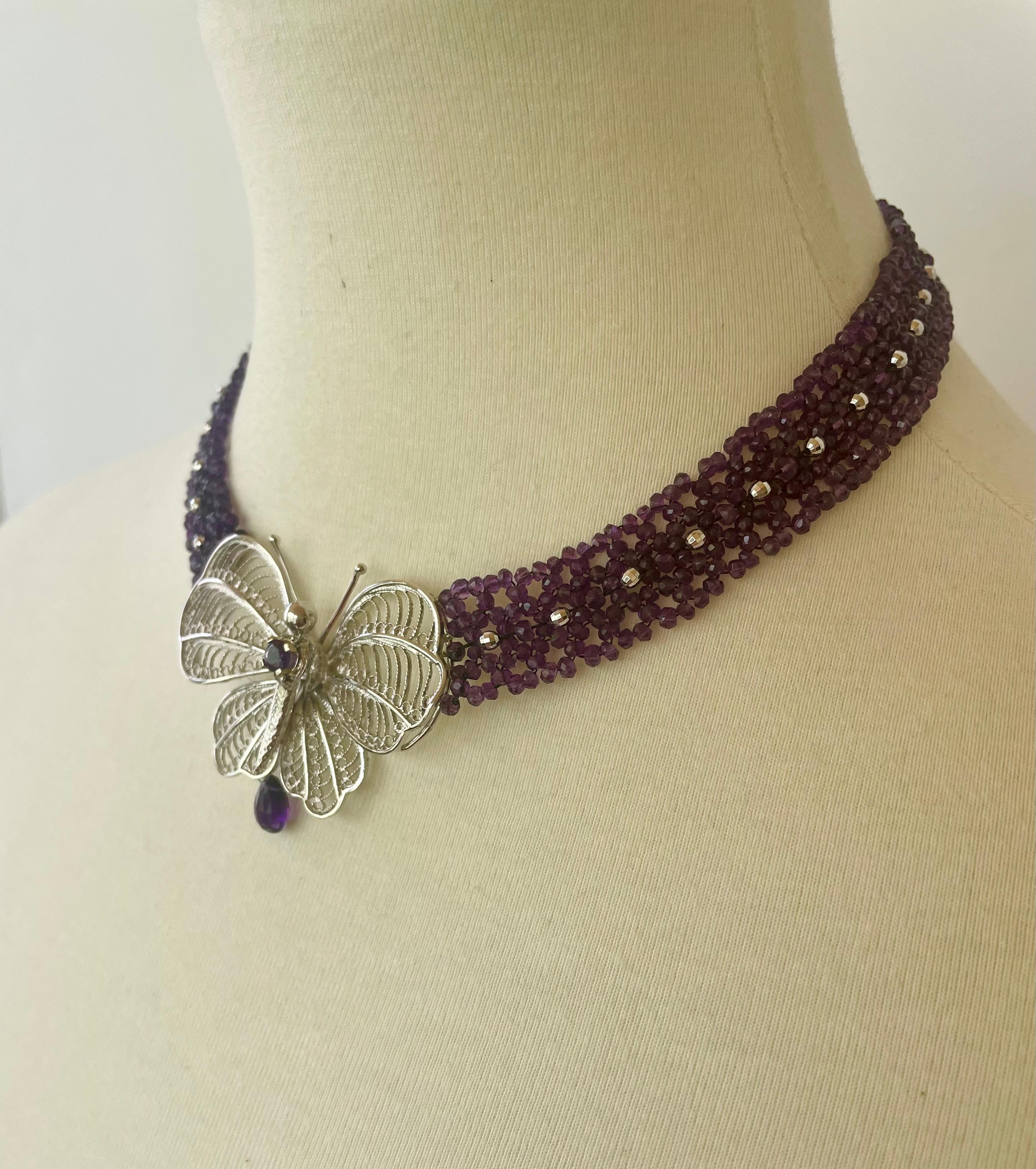 Bead Marina J Amethyst  woven necklace with vintage silver butterfly, beads & clasp For Sale