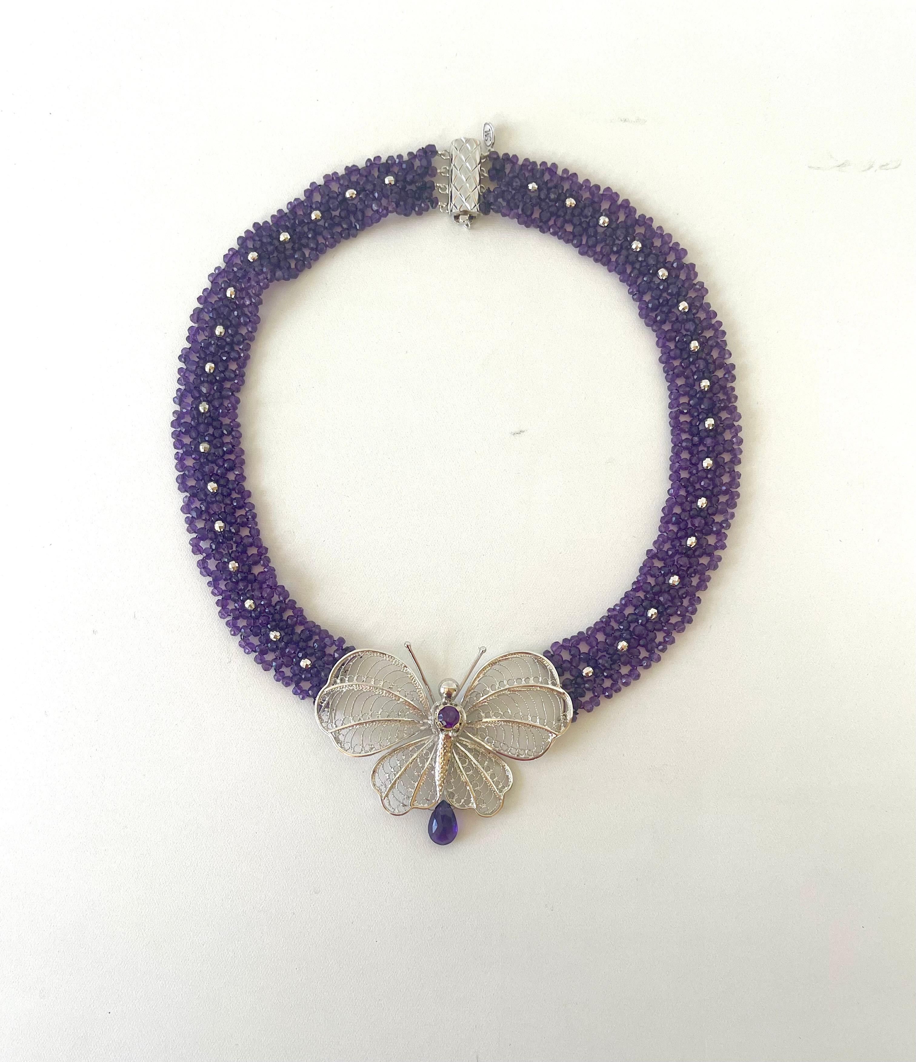 Woven Amethyst Necklace with Silver Butterfly Centerpiece In New Condition For Sale In Los Angeles, CA