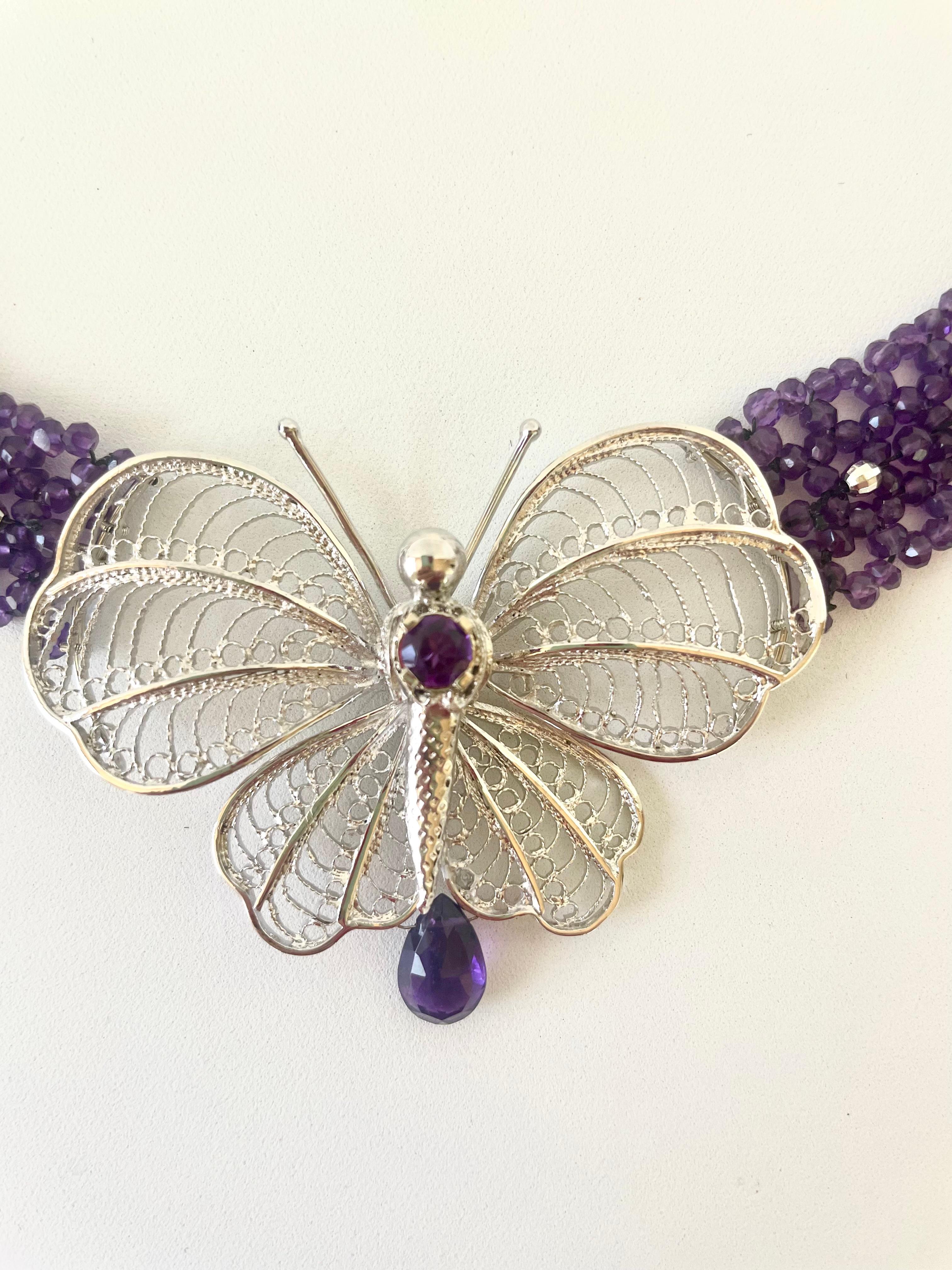 Marina J Amethyst  woven necklace with vintage silver butterfly, beads & clasp For Sale 1