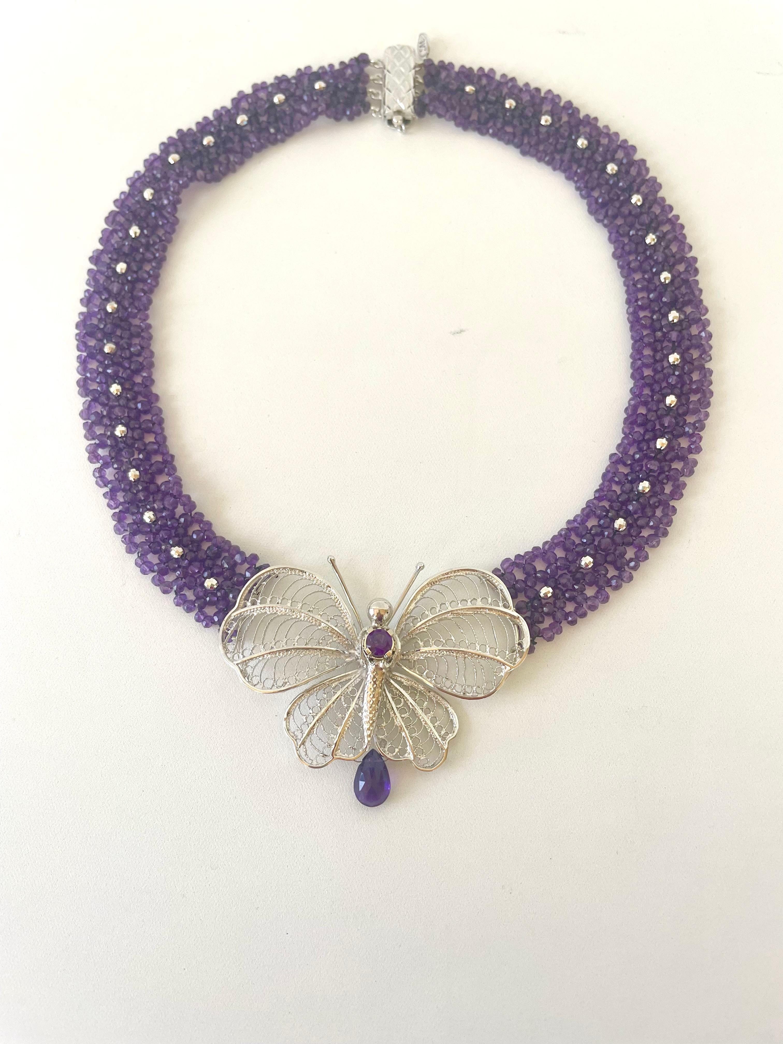 Woven Amethyst Necklace with Silver Butterfly Centerpiece For Sale 3