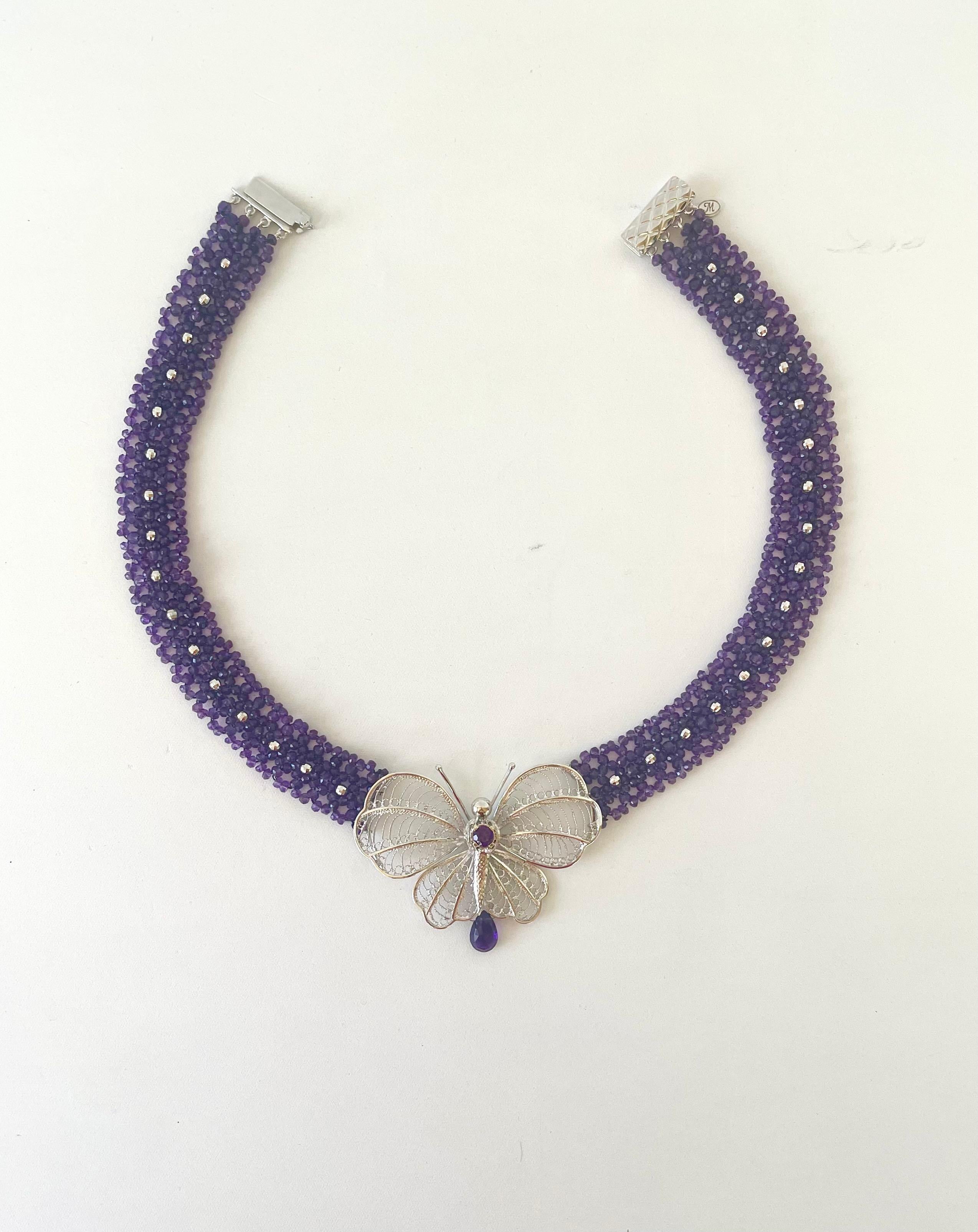 Woven Amethyst Necklace with Silver Butterfly Centerpiece For Sale 4