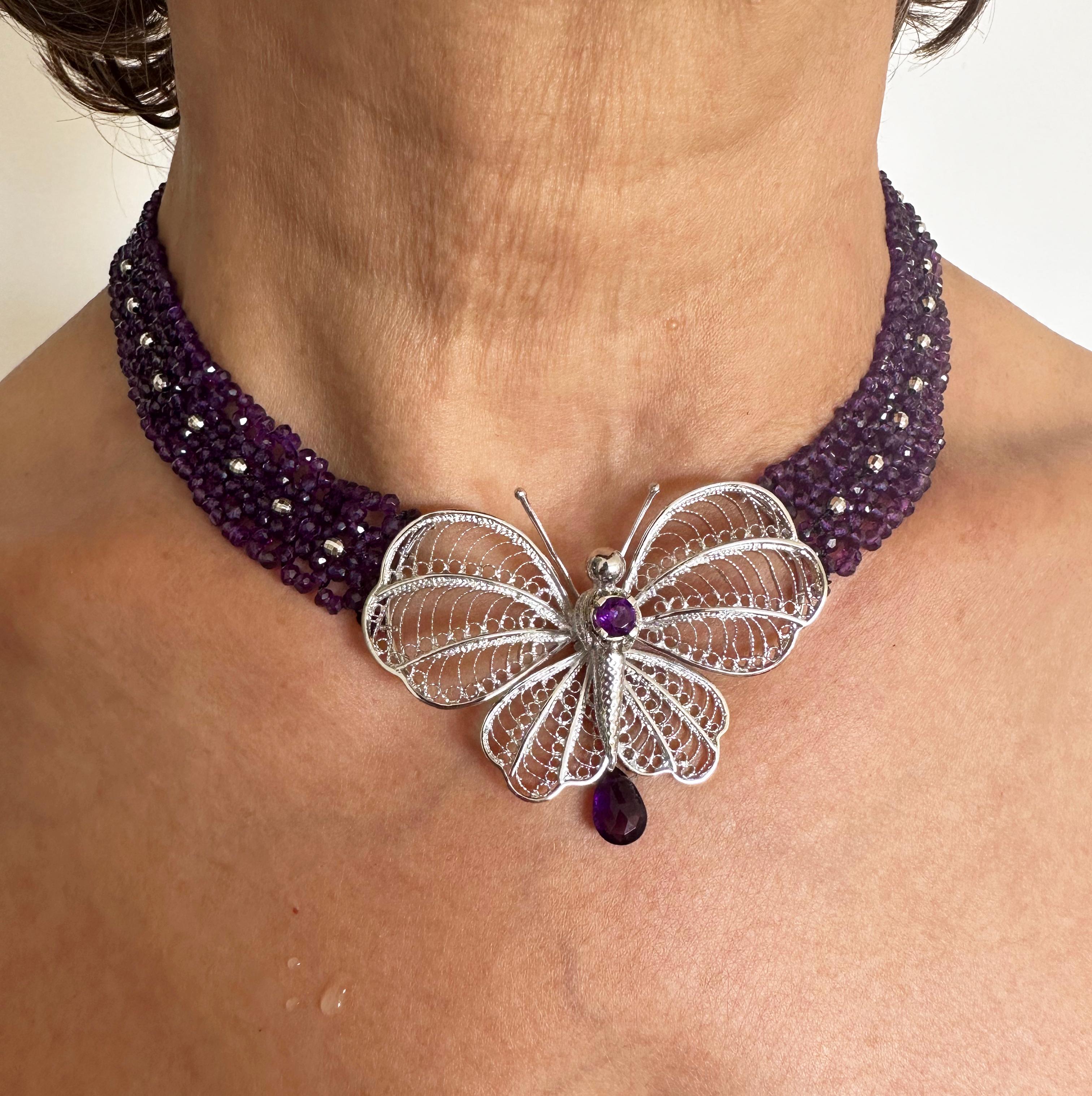 Bead Woven Amethyst Necklace with Silver Butterfly Centerpiece For Sale