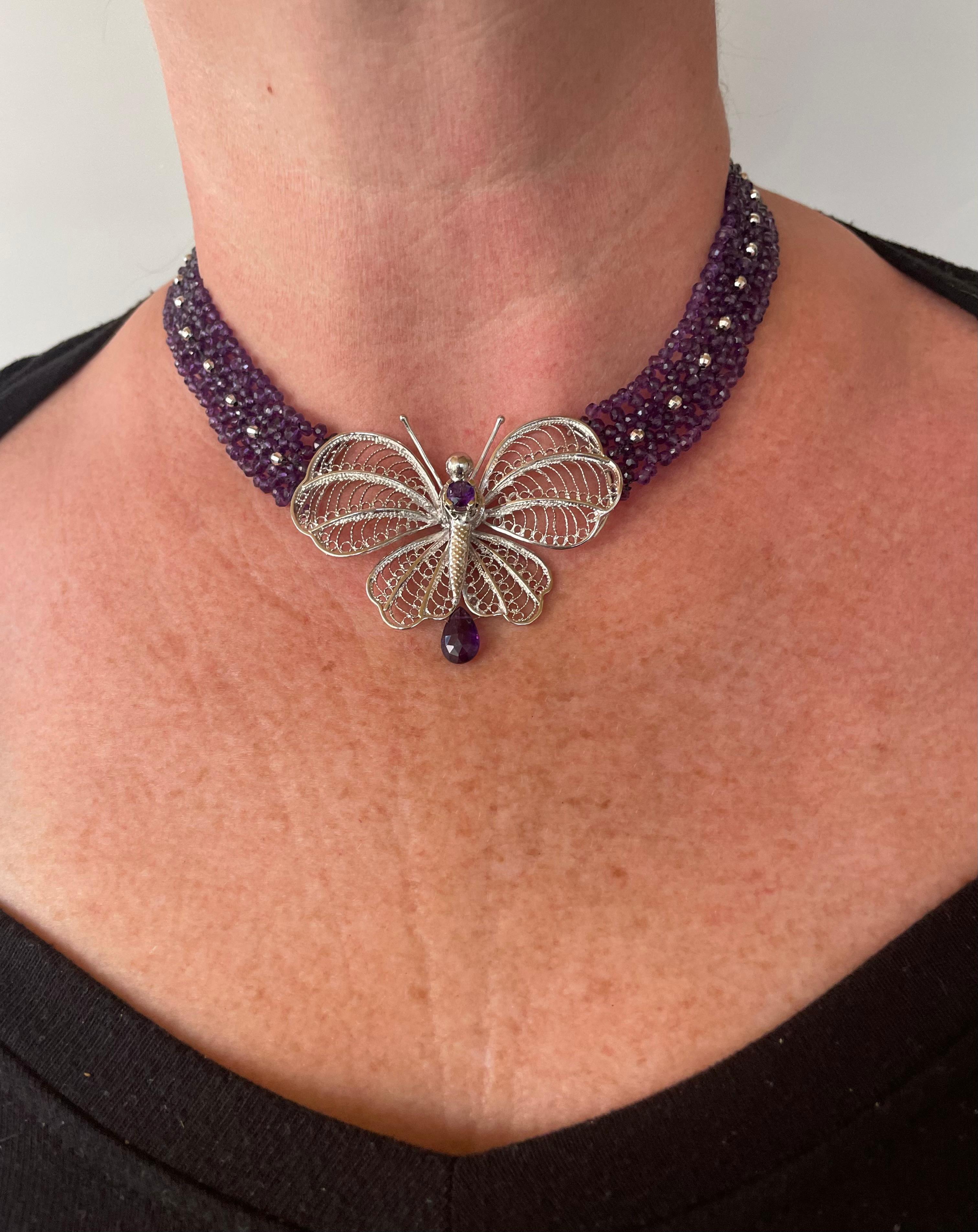 Woven Amethyst Necklace with Silver Butterfly Centerpiece For Sale 1