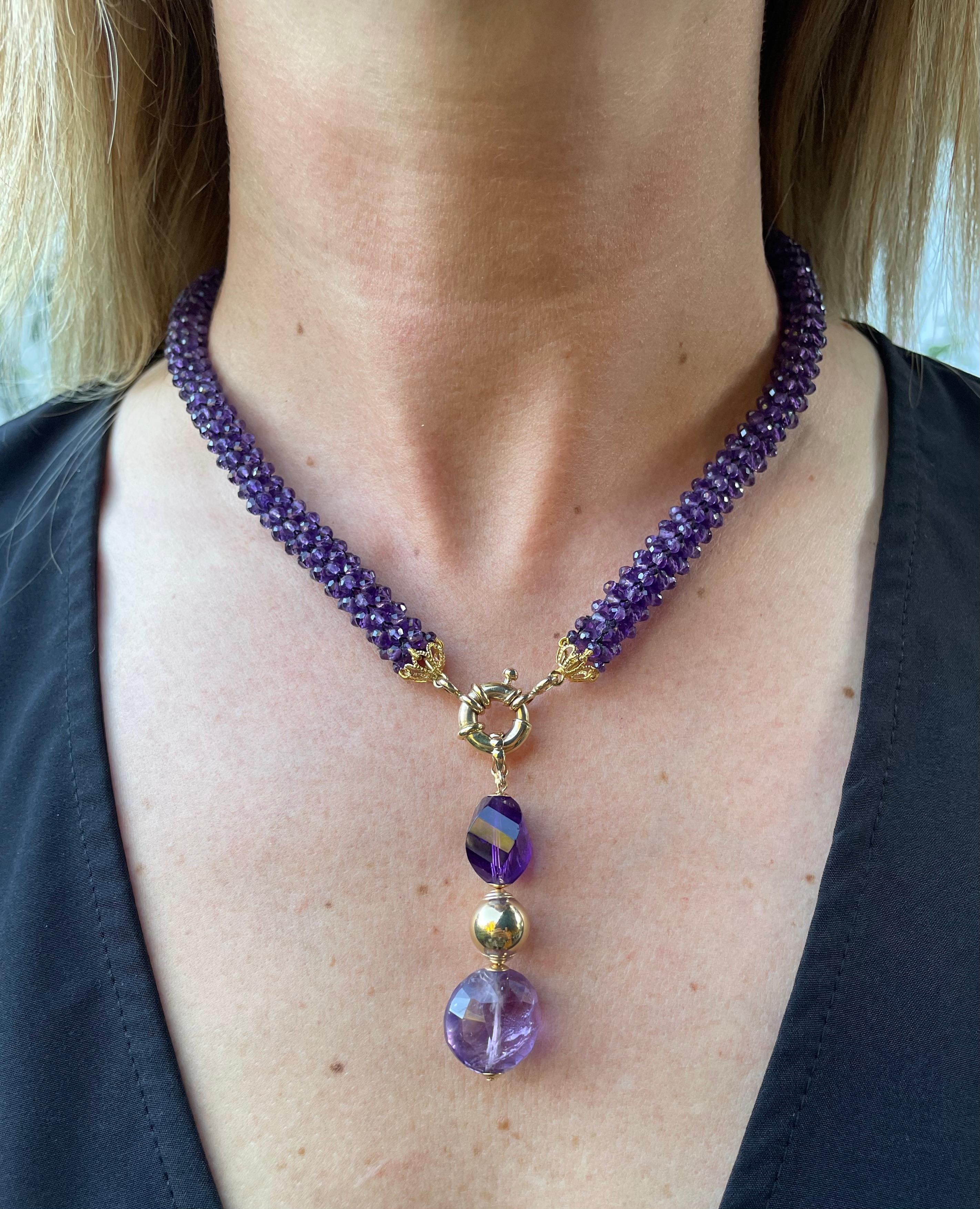 Perlina Marina J. Collana in corda intrecciata con ametista e oro massiccio 14k in vendita