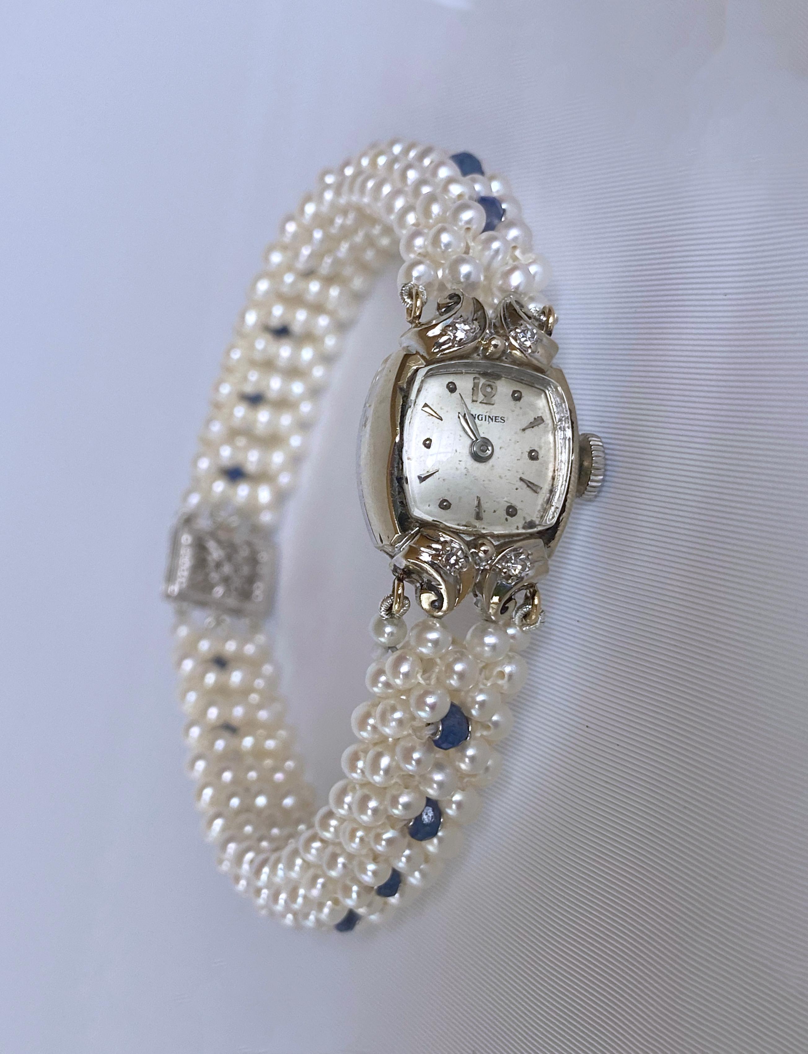 Artisan Marina J. Antique 14k Diamond Encrusted Watch with Blue Sapphire and Pearl Band