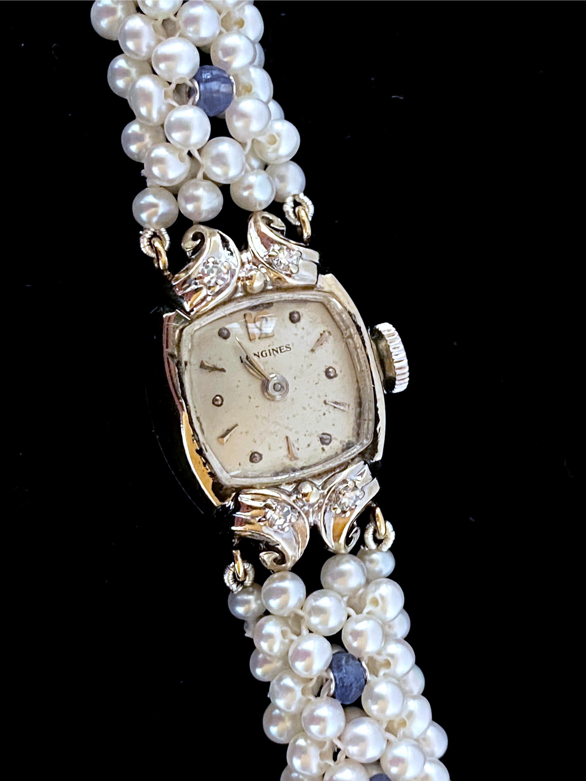 Antique Cushion Cut Marina J. Antique 14k Diamond Encrusted Watch with Blue Sapphire and Pearl Band