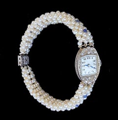 Marina J. Vintage Platinum & Diamond Watch with Blue Sapphire & Pearls