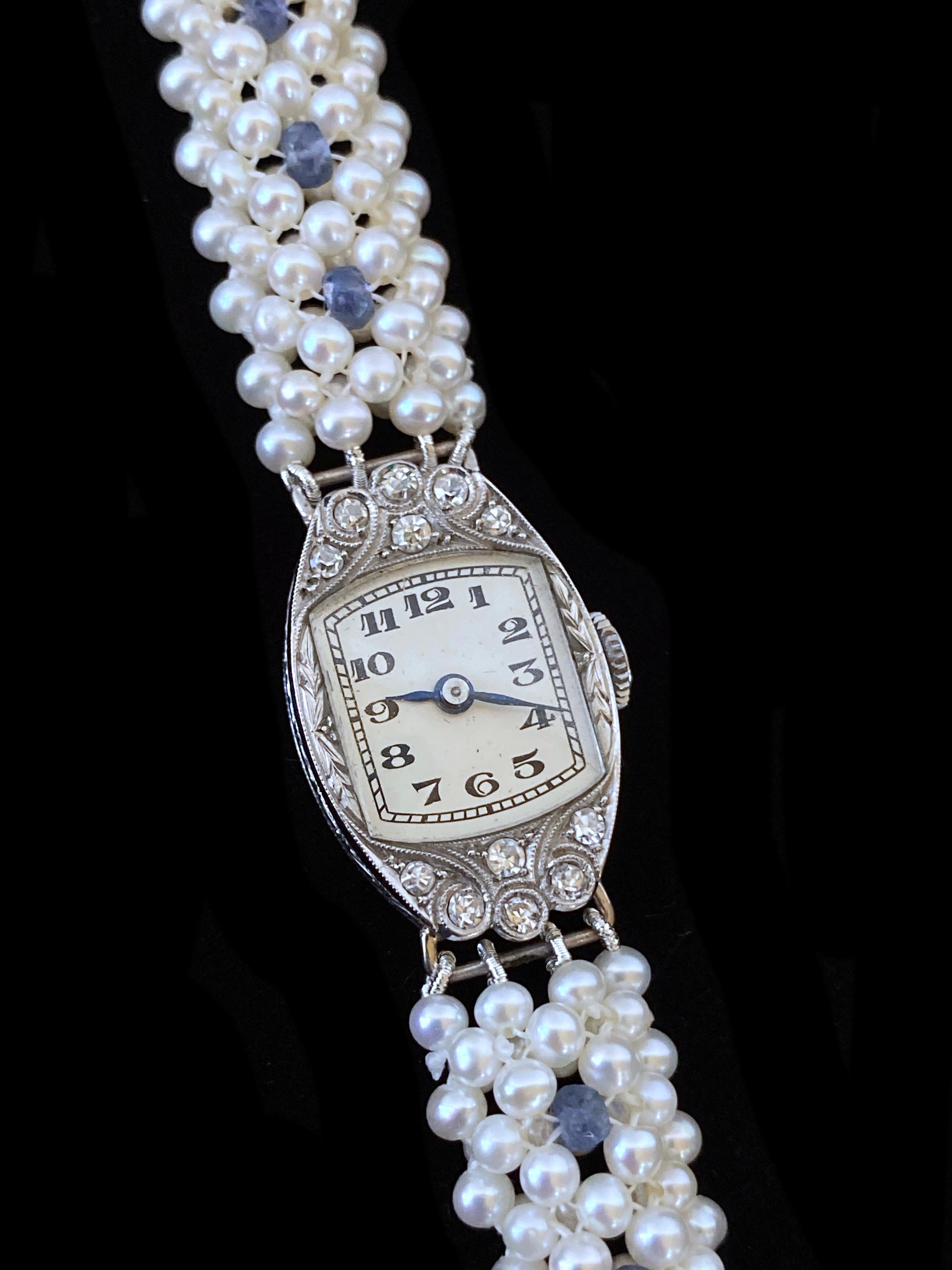 Marina J. Vintage Platin- und Diamantuhr mit blauem Saphir und Perlen (Kunsthandwerker*in) im Angebot