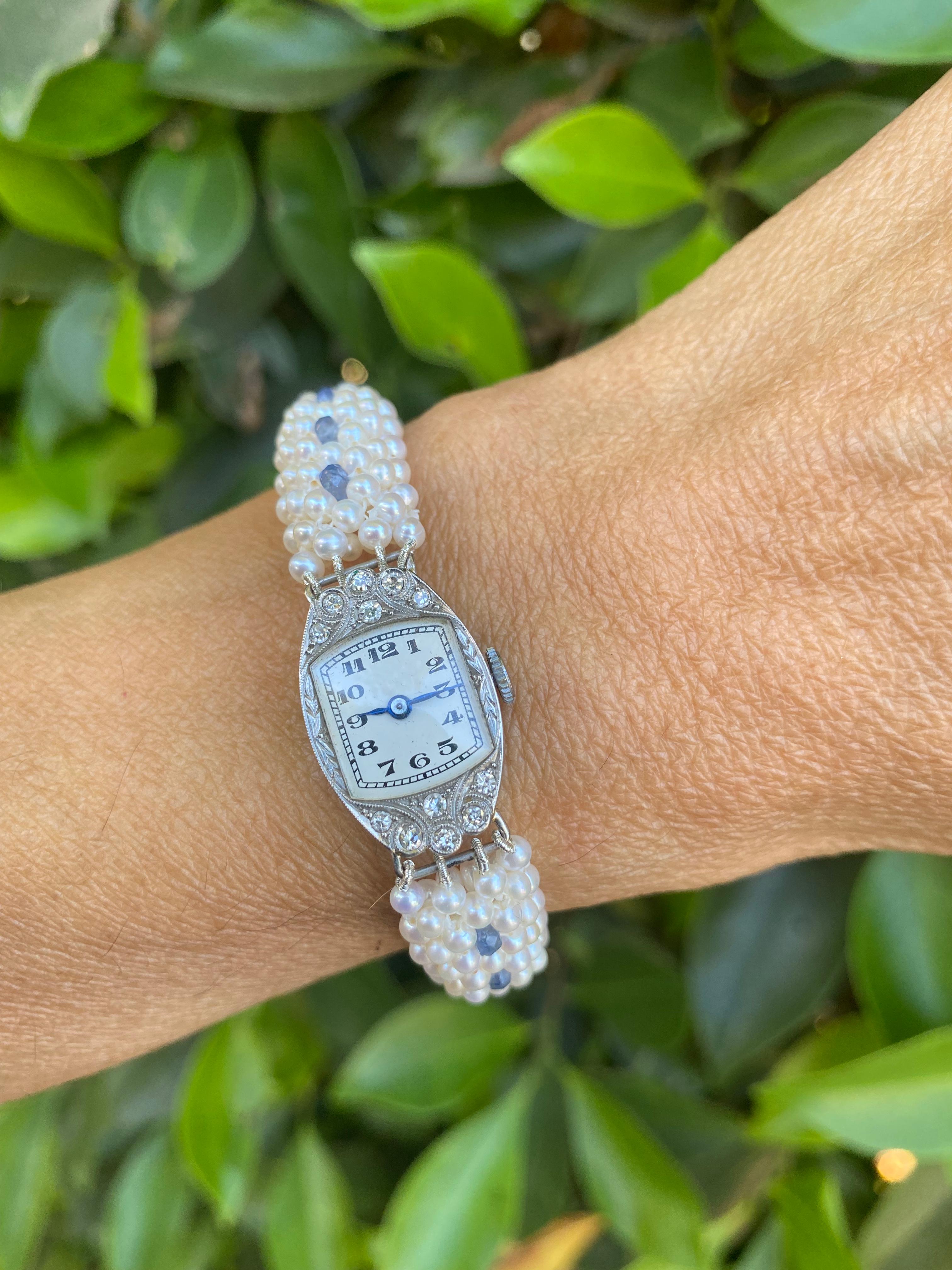 Marina J. Vintage Platin- und Diamantuhr mit blauem Saphir und Perlen (Französischer Schliff) im Angebot
