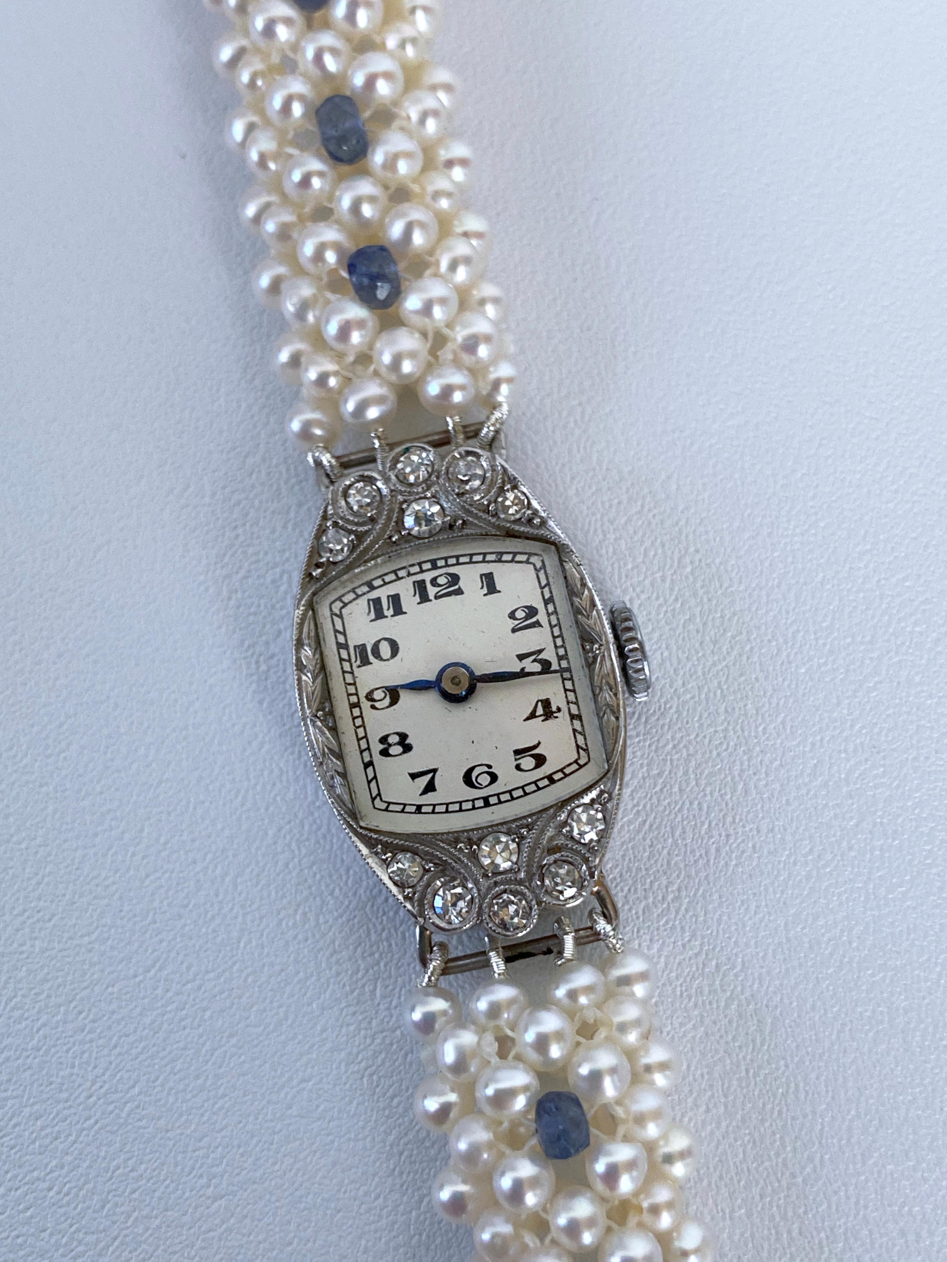 Artisan Marina J. Vintage Platinum & Diamond Watch with Blue Sapphire & Pearls For Sale