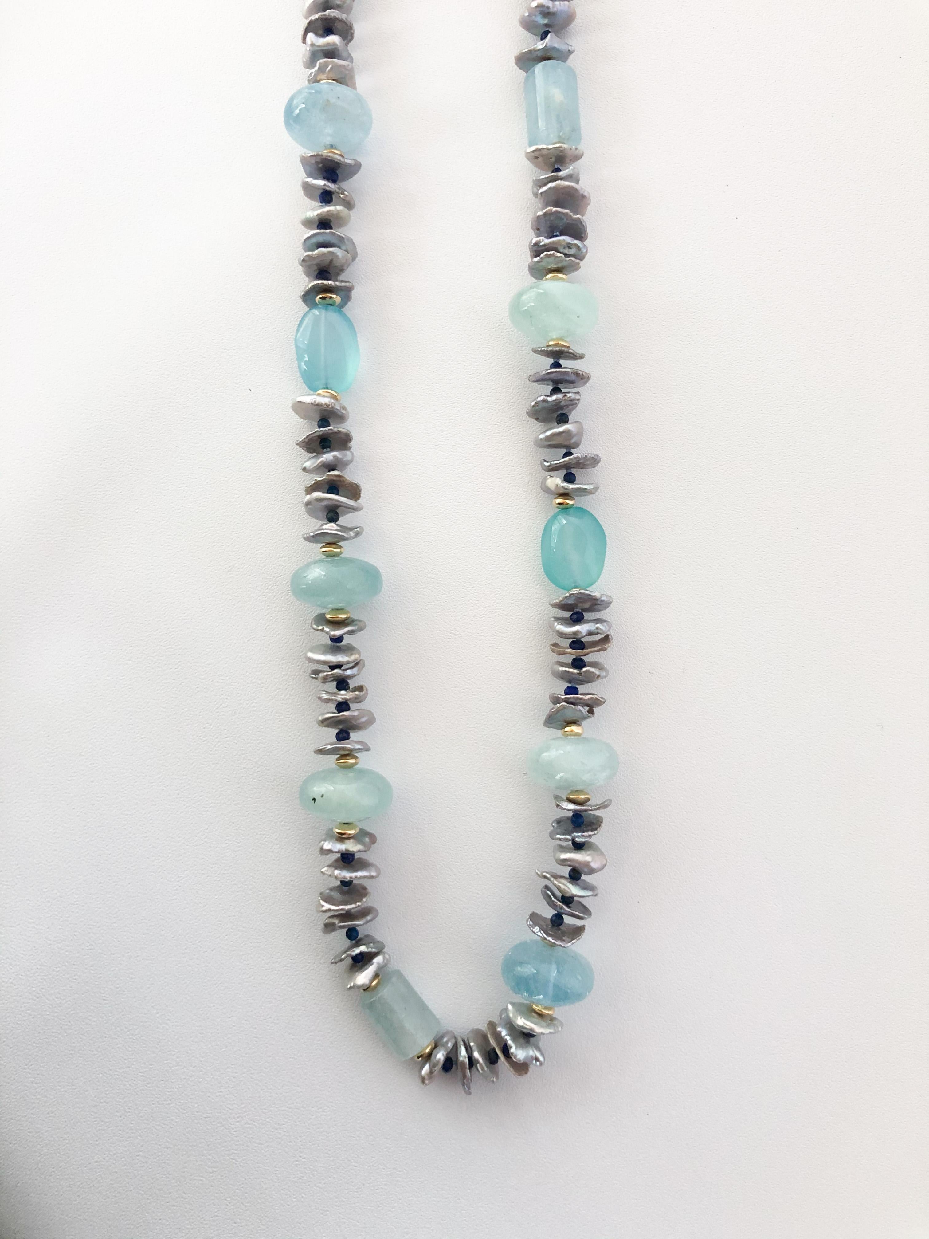 Brilliant Cut Marina J. Aquamarine, Lapis Lazuli, Grey Pearl & Vermeil Infinity Necklace
