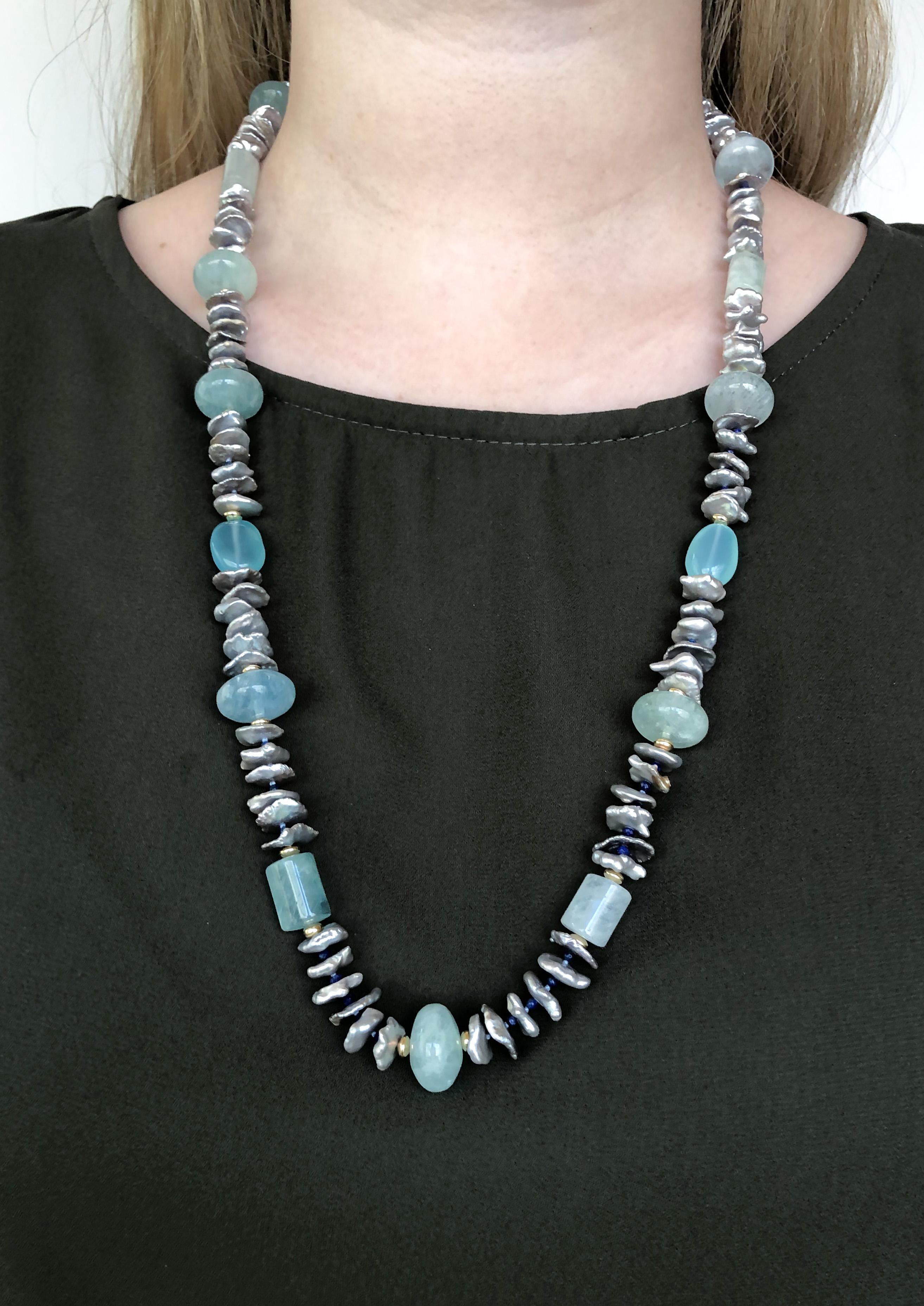 Marina J. Aquamarine, Lapis Lazuli, Grey Pearl & Vermeil Infinity Necklace In New Condition In Los Angeles, CA