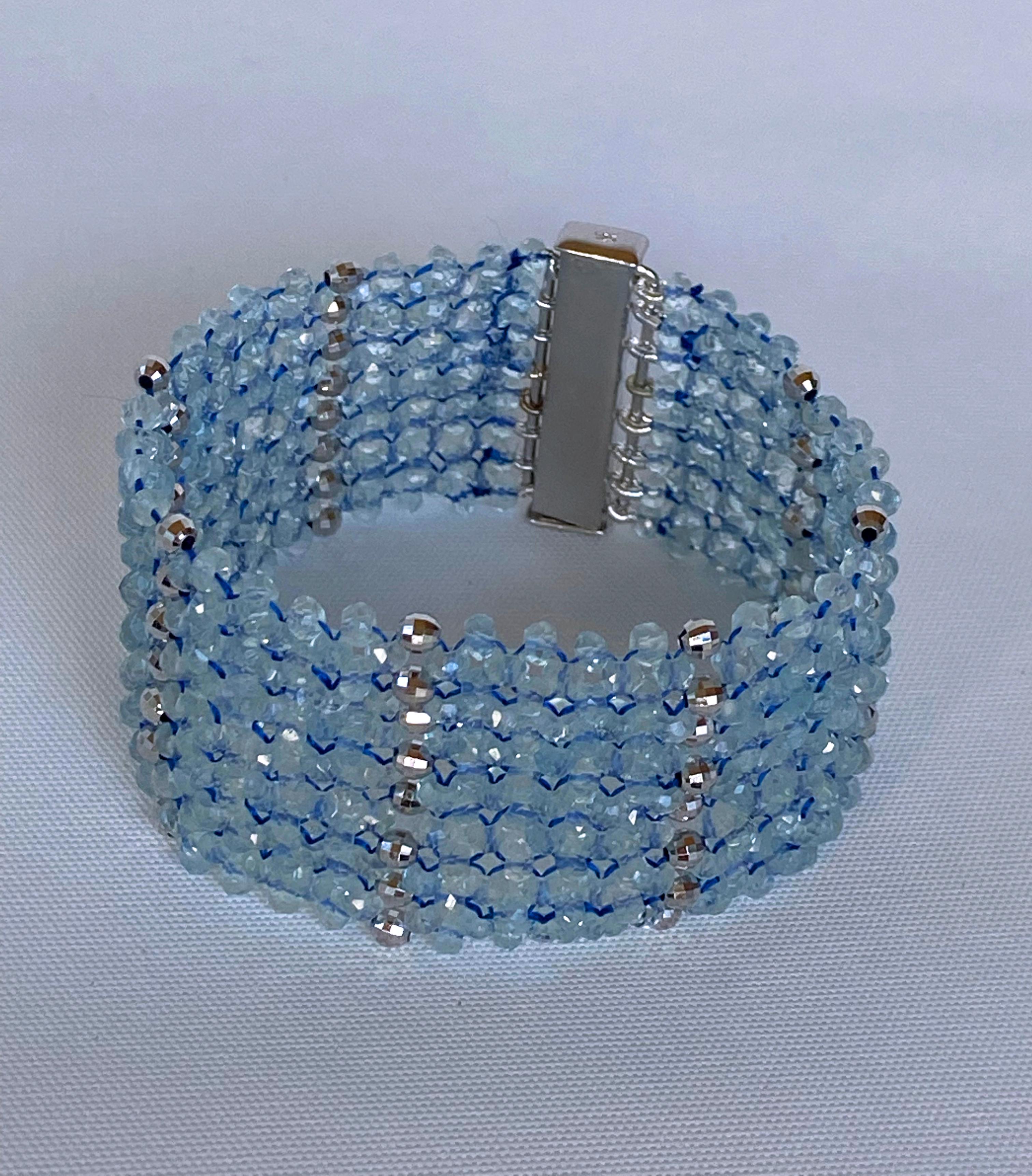 Marina J. Aquamarine & Rhodium Plated Sterling Silver Woven Bracelet In New Condition For Sale In Los Angeles, CA