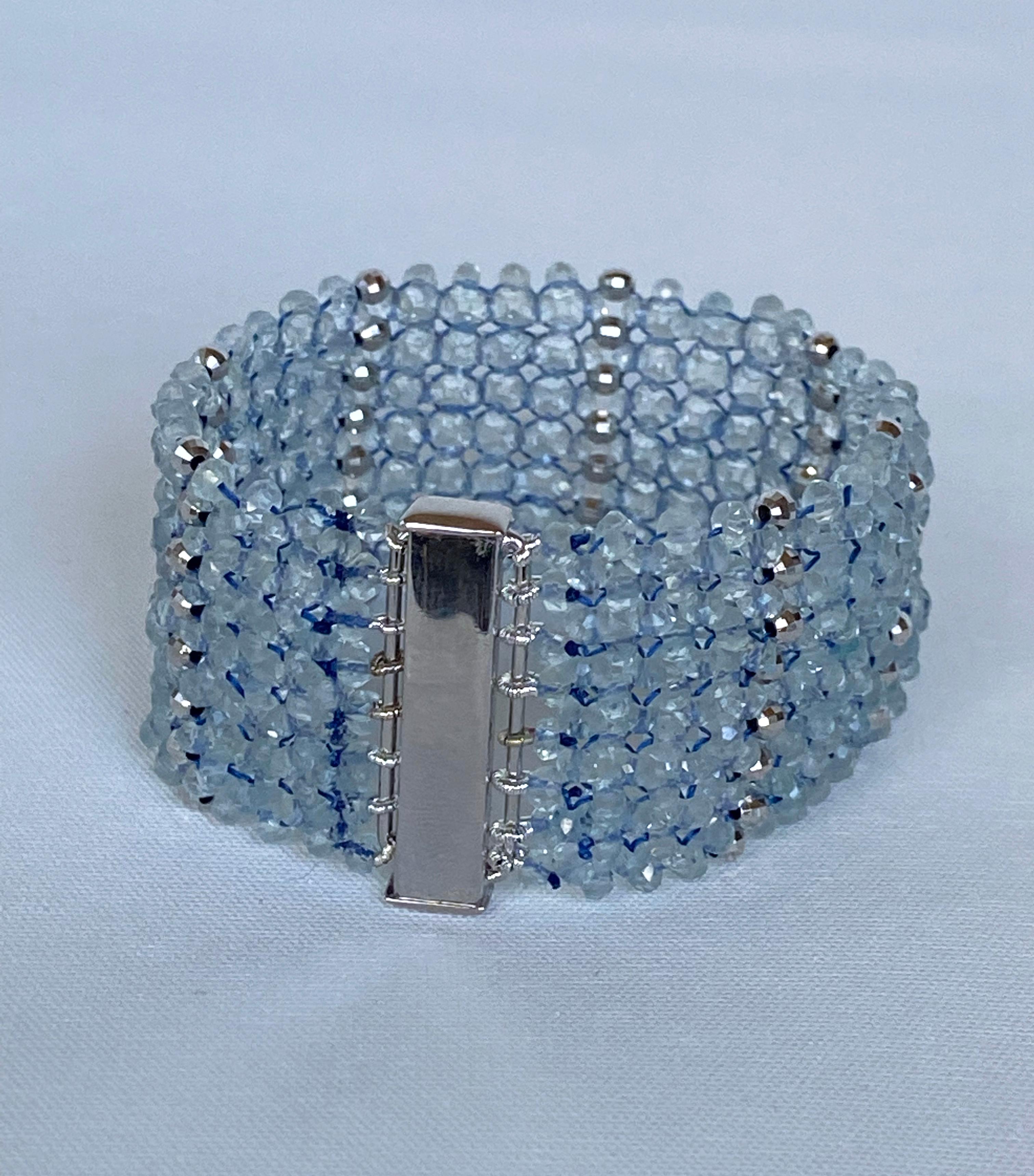 Marina J. Gewebtes Armband aus Sterlingsilber mit Aquamarin und rhodiniertem Silber im Angebot 1